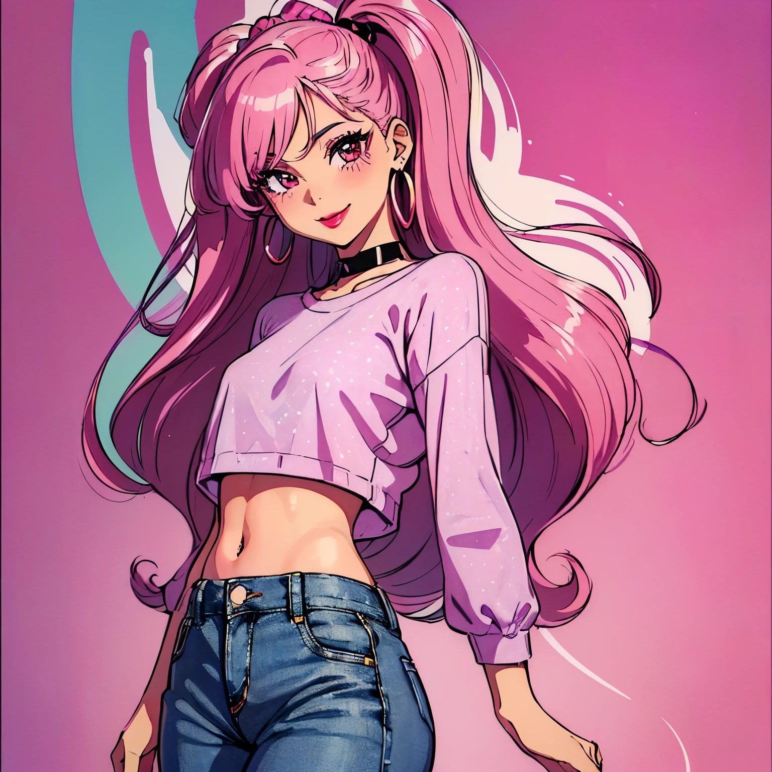 1girl, (((solo))), (((beautiful))), (((long loose silky hair, any colour hair))), (((any skin colour))), (((lipstick, any colour lipstick))), (((blush))), (((smile))), ((((casual 90's clothes, fashionable 90's attire, trendy style)))), (((stylish accessories))), (((colourful 90's background, any pattern)))