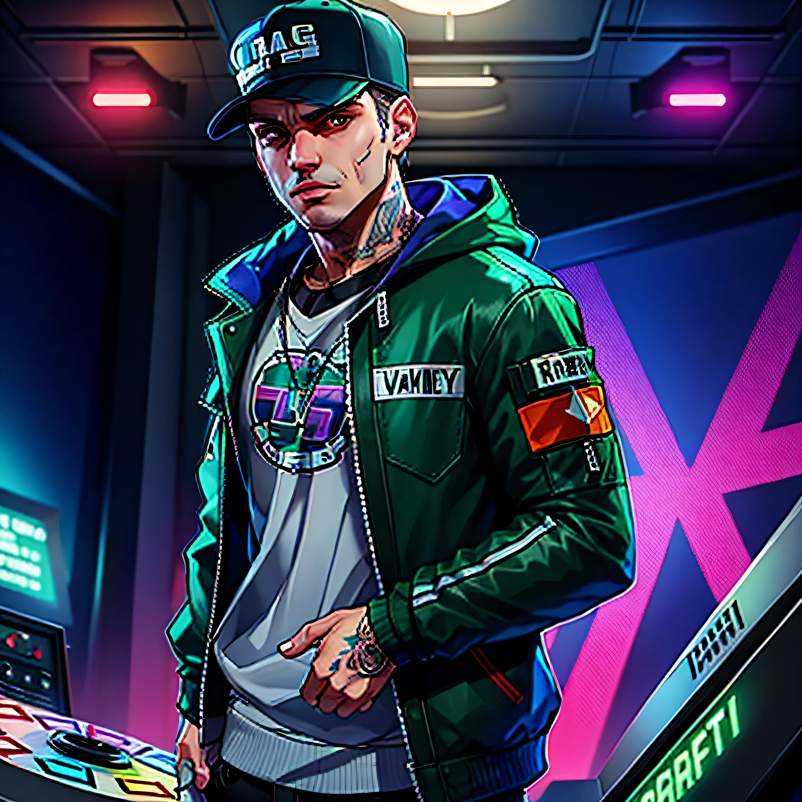 a close up of a dj in a nightclub wearing a baseball cap and a jacket, style of gta v artworks, official artwork, marshal mathers, as the protagonist of gta 5, gta character, gta chinatowon art style, 2d game art gta5 cover, gta artstyle, 2d art gta5 cover, gta v character, 2d game art gta cover