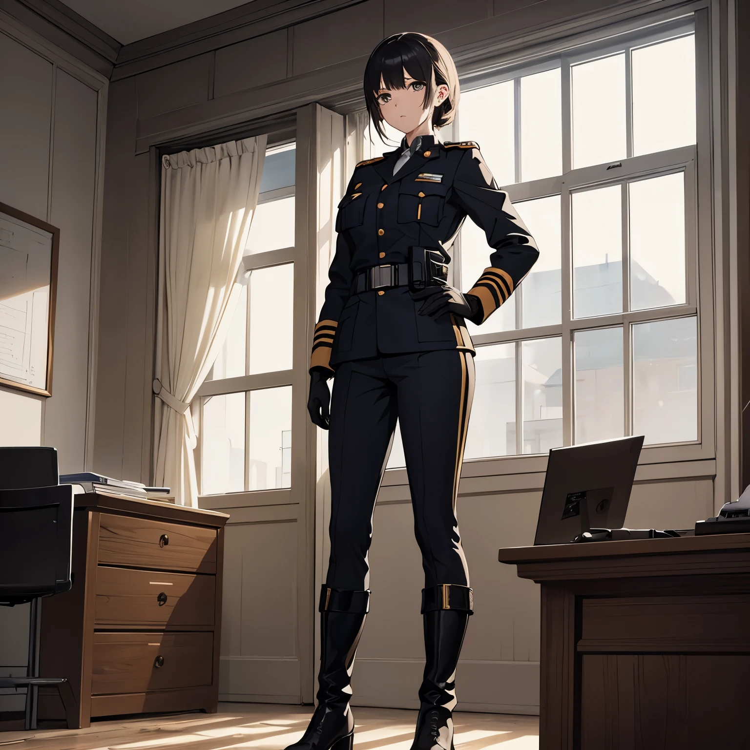 Detailed illustration, one arrogant girl, (seriously look 1), in leader of jail officer uniform, in gloves, boots, calmly stand in director office, portrait