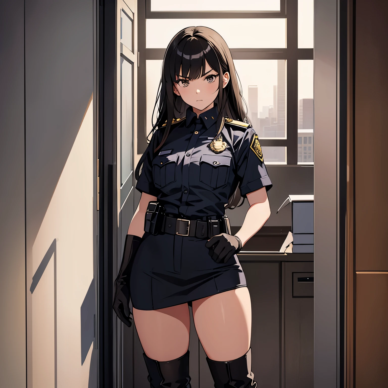 Detailed illustration, one arrogant girl, (seriously look 1), in leader of jail officer uniform, in gloves, boots, calmly stand in director office, portrait