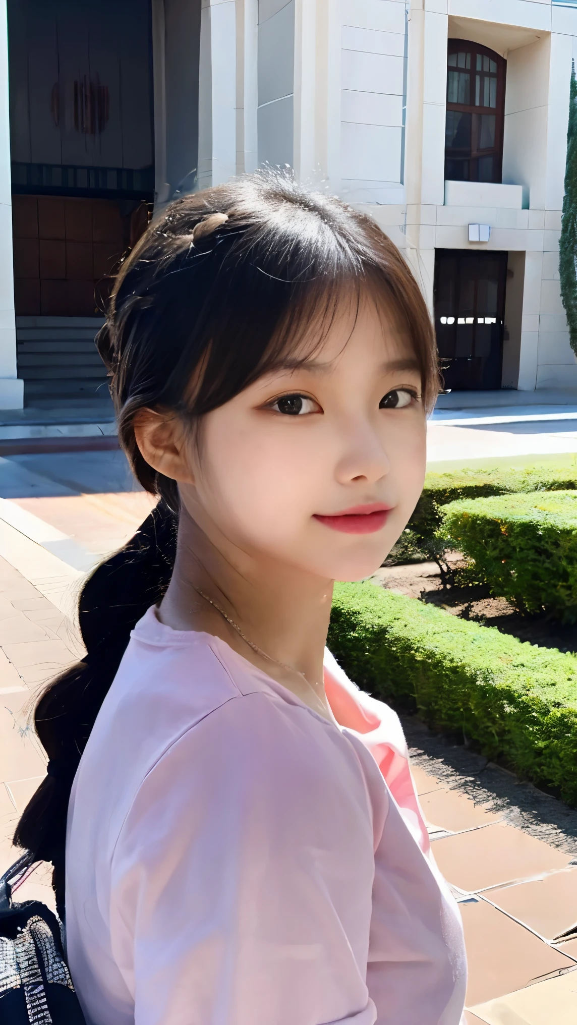 ((1 girl)),((building)), Braided bangs,braided ponytail,(alone:1.2), bulk hair, ,looking at the viewer, Nogizaka,korean idol, Chenkiang-hsien,