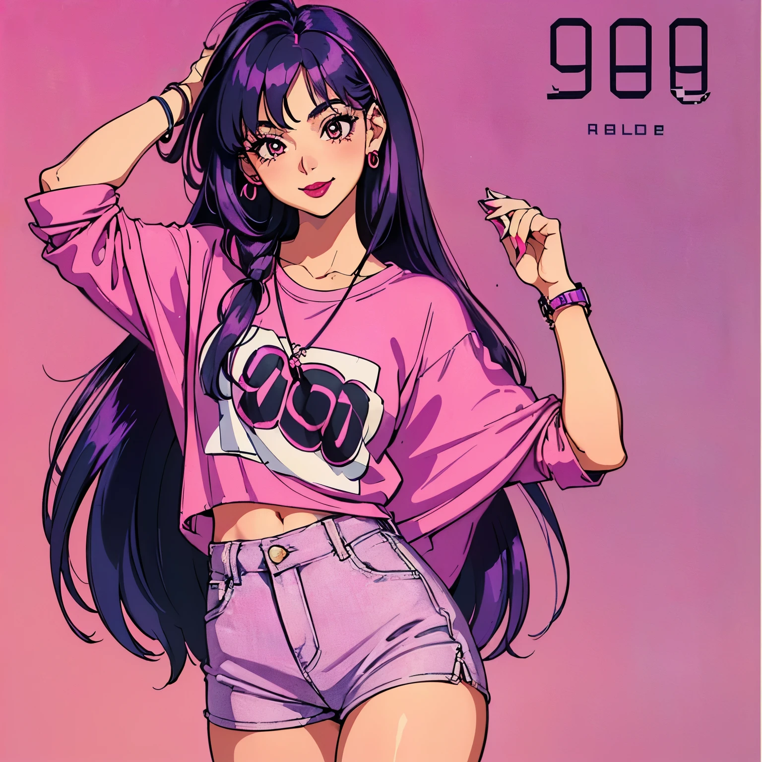 1girl, (((solo))), (((beautiful))), (((long loose silky hair, any colour hair))), (((any skin colour))), (((lipstick, any colour lipstick))), (((blush))), (((smile))), ((((casual 90's clothes, fashionable 90's attire, trendy style)))), (((stylish accessories))), (((colourful 90's background, any pattern)))