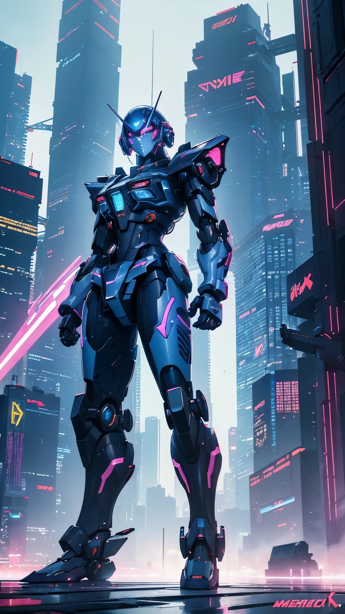 ((Cyberpunk Mecha:standing)),intricate,anime,keyvisual,highres,8k,cel shading,gorgeous gradient,glowing shadow,digital illustration,cybernetic,iridescent,full colors,gorgeous color grading,futuristic,cyberpunk cityscape,neon lights,towering skyscrapers,(mecha warrior),ultra-detailed,captivating,masterpiece,BREAK