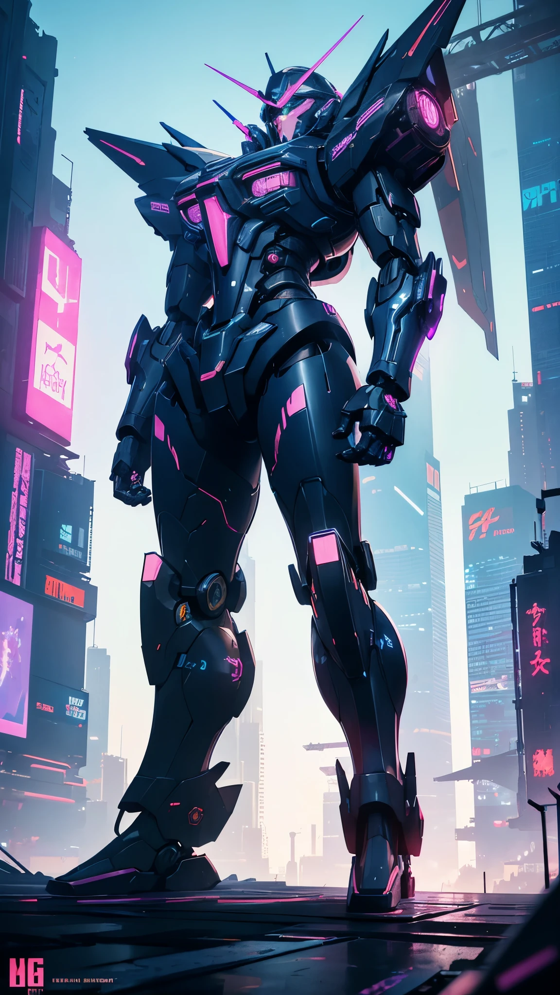 ((Cyberpunk Mecha:standing)),intricate,anime,keyvisual,highres,8k,cel shading,gorgeous gradient,glowing shadow,digital illustration,cybernetic,iridescent,full colors,gorgeous color grading,futuristic,cyberpunk cityscape,neon lights,towering skyscrapers,(mecha warrior),ultra-detailed,captivating,masterpiece,BREAK