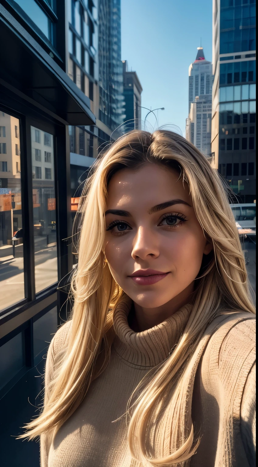 1 woman, American, beautiful, (selfie, happy), Shooting in an urban rooftop tent, City dawn backlight, Tent Open Sign, Masterpiece, Best Quality, Ultra-detailed, Solo, exteriors, city skyline, urban backdrop, Nature, cheerful, happy, Cosy in a sleeping bag, Inside the tent, When you open the tent, sweeping views of the awakening city, skyscrapers, early morning street scenes below, gentle urban hum, shadowy, contrast, sunrise colors, analog style, looking up at viewer, skin texture, film grain, warm hue, warm tone, close-up, Cinematic light, Sidelighting, ultra-Highres, best shadows, wearing a pullover, Relaxed and intimate photos, with long blond hair.
