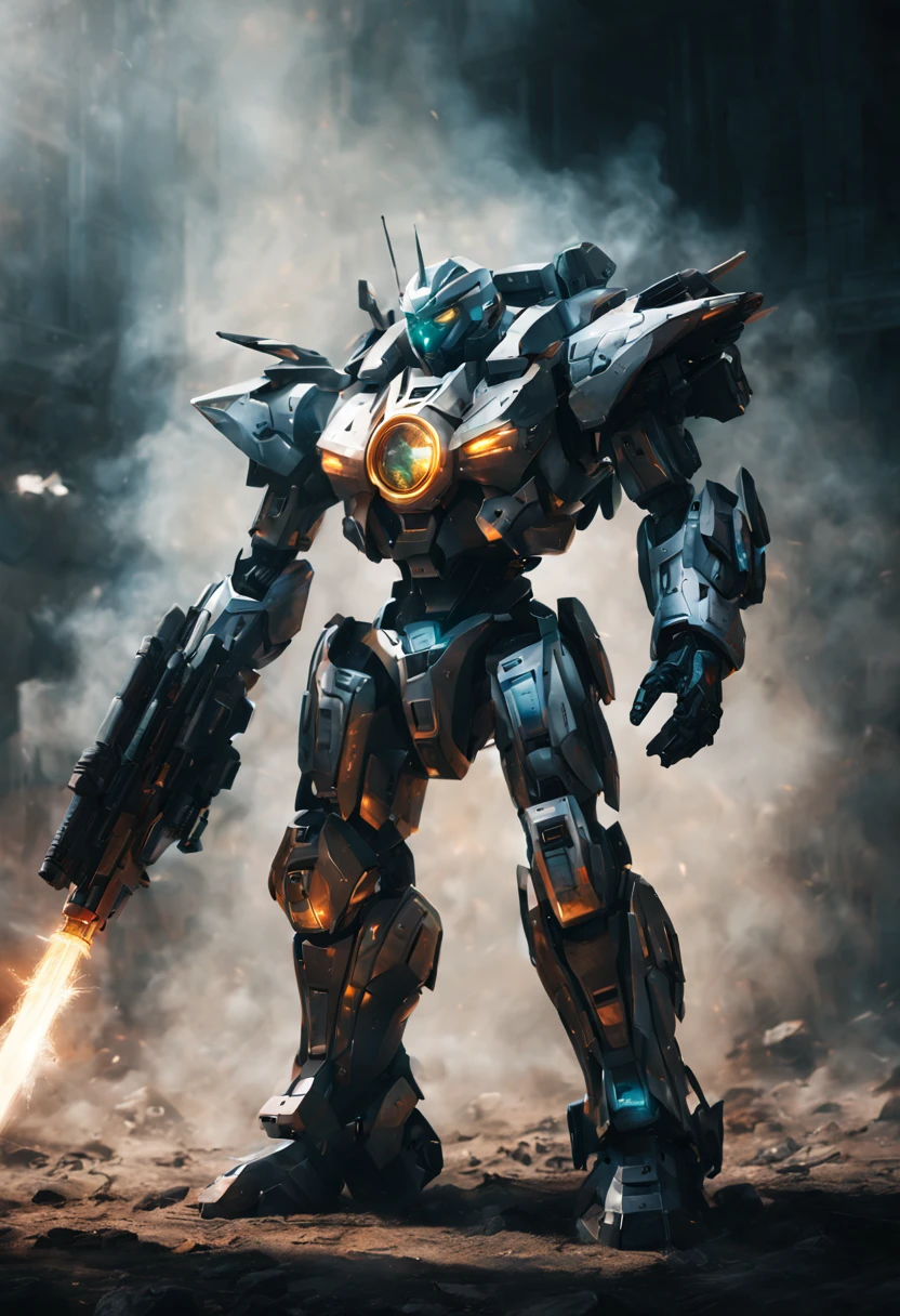 "A futuristic Mecha Warrior in a sci-fi battlefield, wearing a sleek, metallic armor with glowing LED lights. The warrior has a fierce expression and determined eyes, radiating confidence. The armor is highly detailed, with intricate mechanical parts and powerful weaponry. The battlefield is filled with debris and smoke, showcasing the aftermath of a fierce battle. The lighting is dramatic, with rays of sunlight piercing through the thick smoke, creating a contrast between light and shadow. The color palette is dominated by cool tones, enhancing the futuristic atmosphere. The artwork is of the highest quality, with ultra-detailed rendering and an emphasis on realistic textures. The final image should be a masterpiece, capturing the epicness and intensity of the Mecha Warrior's presence."