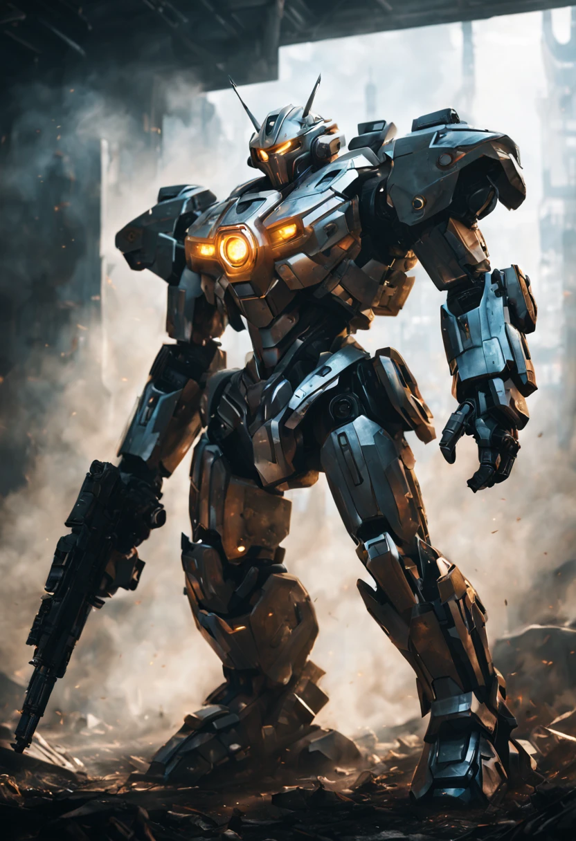"A futuristic Mecha Warrior in a sci-fi battlefield, wearing a sleek, metallic armor with glowing LED lights. The warrior has a fierce expression and determined eyes, radiating confidence. The armor is highly detailed, with intricate mechanical parts and powerful weaponry. The battlefield is filled with debris and smoke, showcasing the aftermath of a fierce battle. The lighting is dramatic, with rays of sunlight piercing through the thick smoke, creating a contrast between light and shadow. The color palette is dominated by cool tones, enhancing the futuristic atmosphere. The artwork is of the highest quality, with ultra-detailed rendering and an emphasis on realistic textures. The final image should be a masterpiece, capturing the epicness and intensity of the Mecha Warrior's presence."