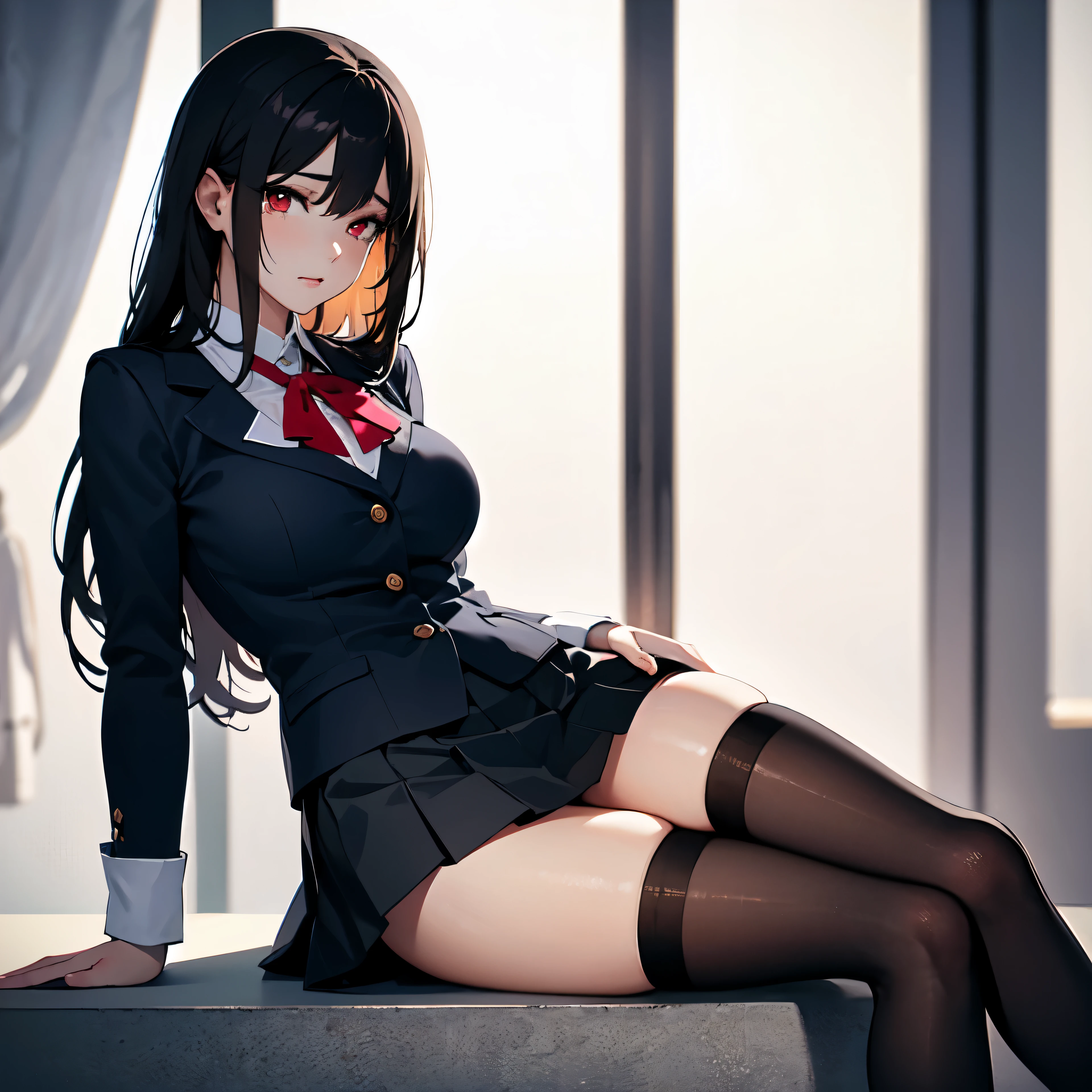 Beautiful thighs in very dark black tights and stockings at the same time on some high school girl in a school uniform with a black skirt, but everything barely fits and is torn and that’s why it hurts her and she can’t stand it anymore. lying on the windowsill and trying to get comfortable. masterpiece, perfect face, wide bust, charismatic, priceless, mysterious, Perfect quality, The photo is realistic, a lot of details, long flowing thick matte black straight hair, red eyes and kind face.
