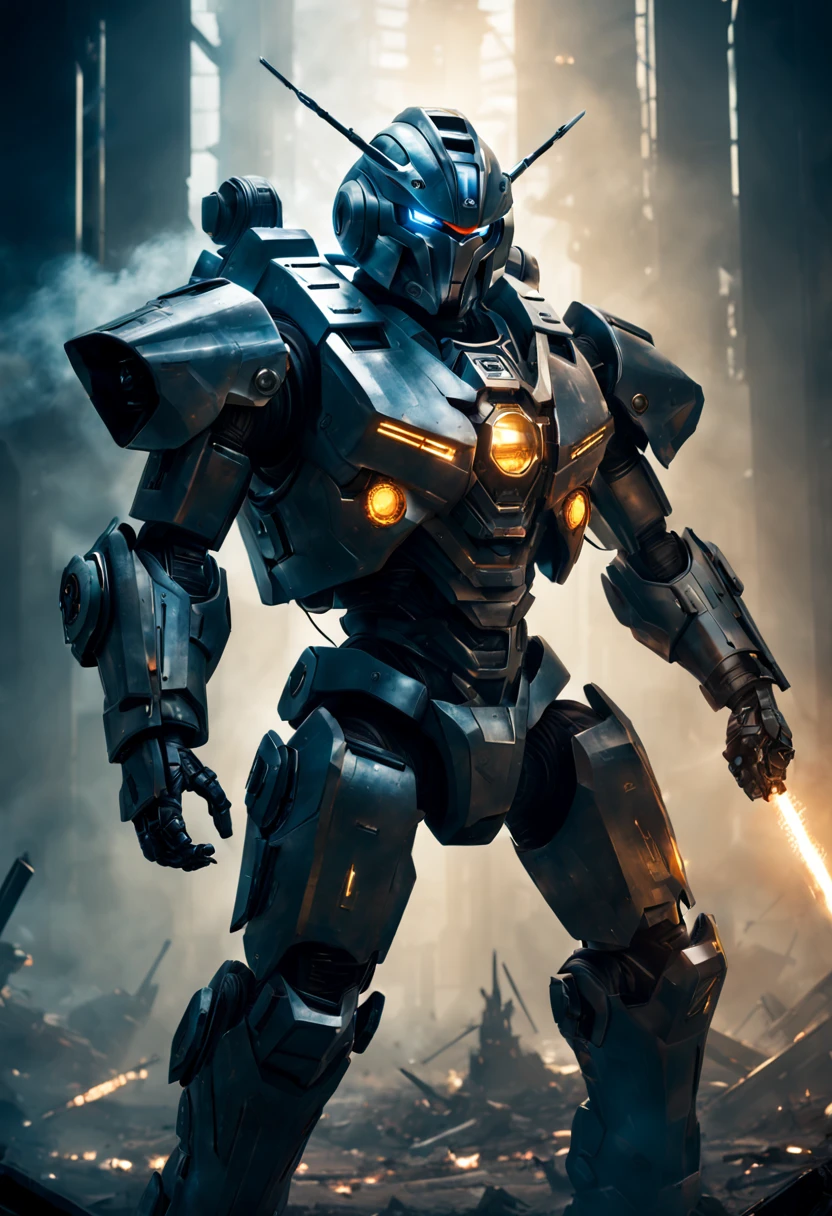 "A futuristic Mecha Warrior in a sci-fi battlefield, wearing a sleek, metallic armor with glowing LED lights. The warrior has a fierce expression and determined eyes, radiating confidence. The armor is highly detailed, with intricate mechanical parts and powerful weaponry. The battlefield is filled with debris and smoke, showcasing the aftermath of a fierce battle. The lighting is dramatic, with rays of sunlight piercing through the thick smoke, creating a contrast between light and shadow. The color palette is dominated by cool tones, enhancing the futuristic atmosphere. The artwork is of the highest quality, with ultra-detailed rendering and an emphasis on realistic textures. The final image should be a masterpiece, capturing the epicness and intensity of the Mecha Warrior's presence."