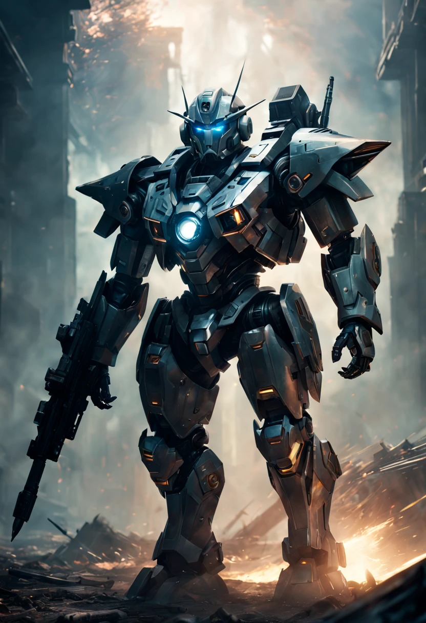 "A futuristic Mecha Warrior in a sci-fi battlefield, wearing a sleek, metallic armor with glowing LED lights. The warrior has a fierce expression and determined eyes, radiating confidence. The armor is highly detailed, with intricate mechanical parts and powerful weaponry. The battlefield is filled with debris and smoke, showcasing the aftermath of a fierce battle. The lighting is dramatic, with rays of sunlight piercing through the thick smoke, creating a contrast between light and shadow. The color palette is dominated by cool tones, enhancing the futuristic atmosphere. The artwork is of the highest quality, with ultra-detailed rendering and an emphasis on realistic textures. The final image should be a masterpiece, capturing the epicness and intensity of the Mecha Warrior's presence."