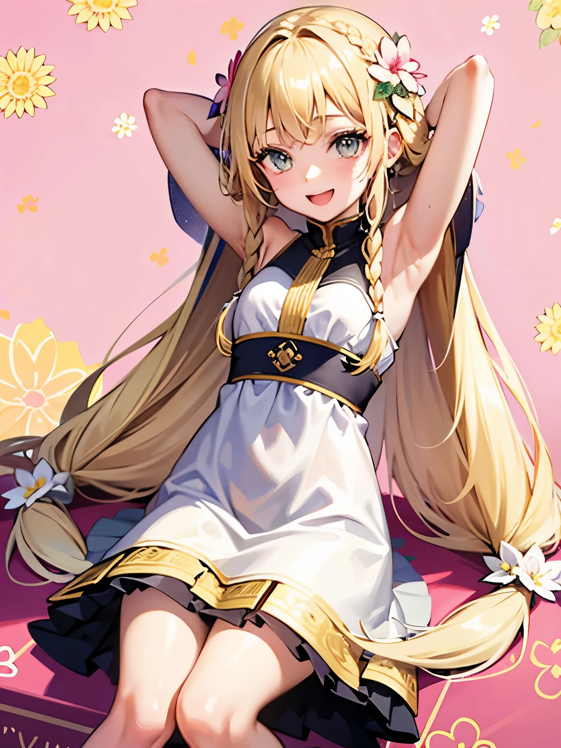 girl,thin blonde hair,long braided hair,Arms spread wide,celebration,「1300」characters,big smile,((Flower background:1.3)),((pastel colored background))