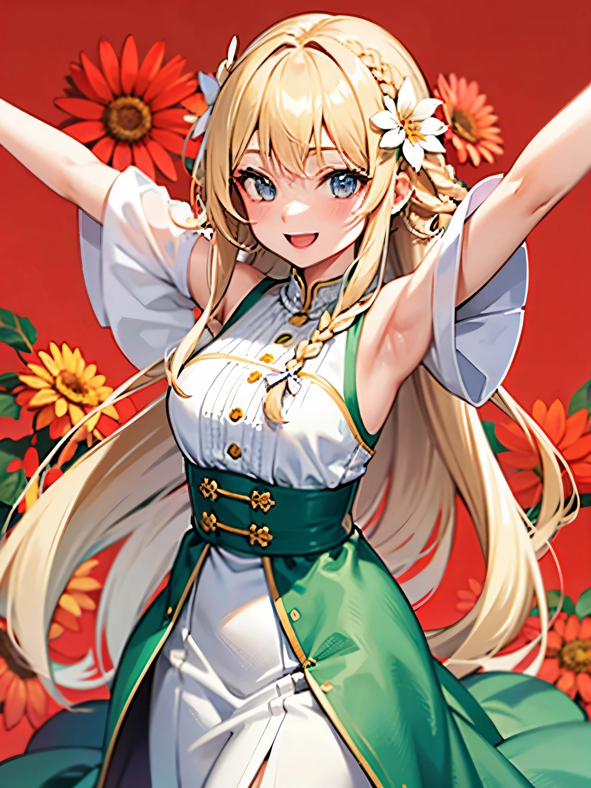 girl,thin blonde hair,long braided hair,Arms spread wide,celebration,｢1300｣characters,big smile,((Flower background:1.3))