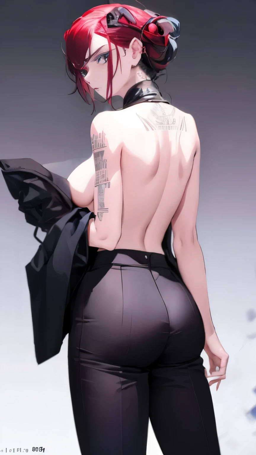 highest quality,masterpiece,8K, Beautiful woman,(Topless),whole body,(tattoo),Black slacks,female mafia,cyberpunk city,night,looking back at me