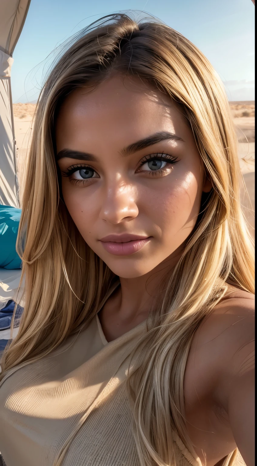 1 Frau, American, Nice, (Selfie, Happy), Filming in a desert oasis tent, Backlight at the golden hour, Tent Open Sign, masterpiece, best quality, Ultra-detail, alone, Forecourt, Desert, Oasenkulisse, Natur, cheerful, Happy, Cozy in the sleeping bag, In the tent, When you open the tent, View of the lush oasis in the middle of the sand dunes, maybe camels in the distance, palm trees, clear water, sand dunes, warm desert breeze, cute, contrast, blue sky, analog style, look up at the viewer, Skin texture, film grain, warm hue, warmer Ton, close up shot, cinematic light, sidelighting, ultra-highres, Best Shadows, wear a sweater, Relaxed and intimate photos, with long blond hair. light green eyes