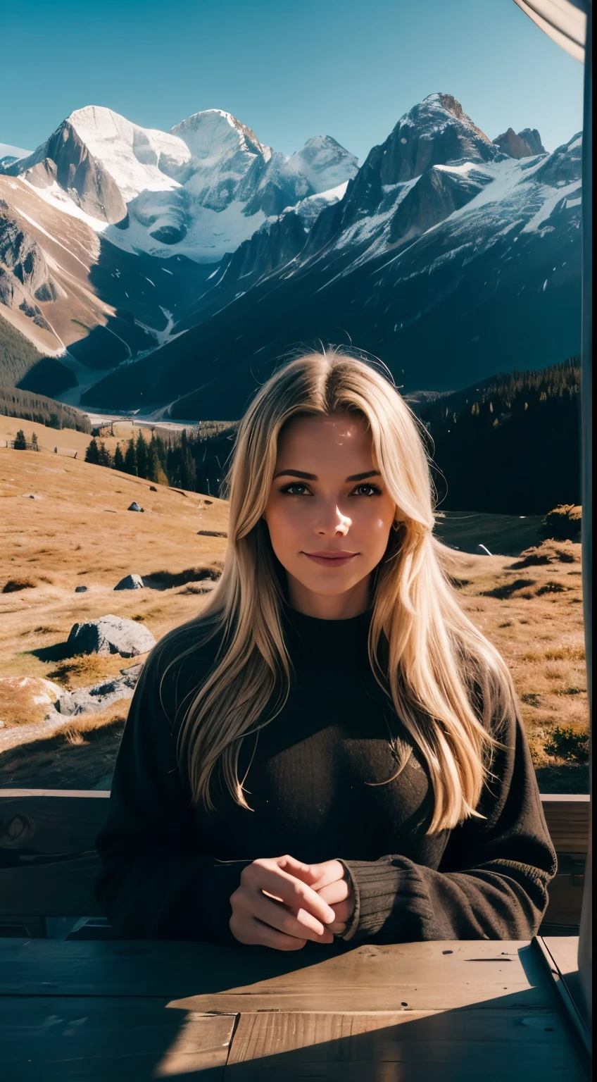 1 woman((Upper Body Selfie, happy)), masterpiece, Best Quality, ultra detailed, alone, exterior, (evening), mountains, nature, (stars, official) happy, happy, naked
