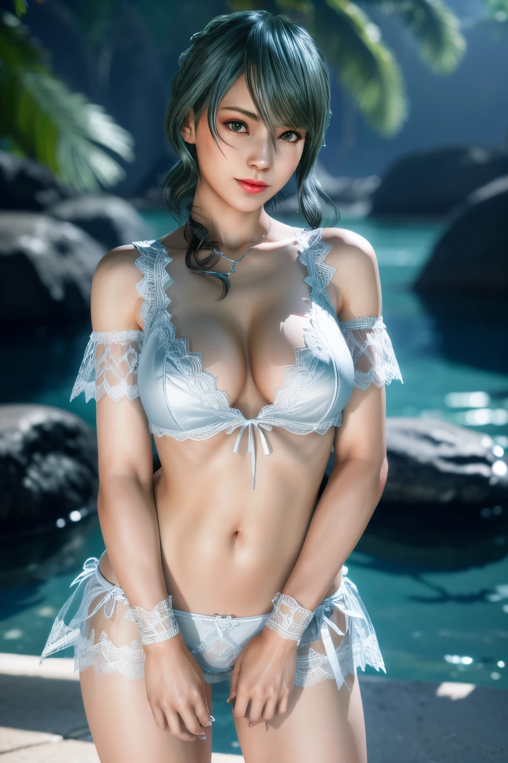 1girl,vampire princess,silver lingerie, (lace:1.3),stockings,outdoors, (Standing posture),Jewelry,slightly parted lips, lewd smile, red lips,(Lactation:1.2),(huge breasts),shiny skin,((8k, RAW photos, top quality, masterpieces), high-definition RAW color photos professional close-up photos), (realistic, photorealism: 1.37), (highest quality), (best shadows),ultra high resolution, high-definition CG unified 8K wallpapers,soft sunlight,clothing details, solo,Tamaki