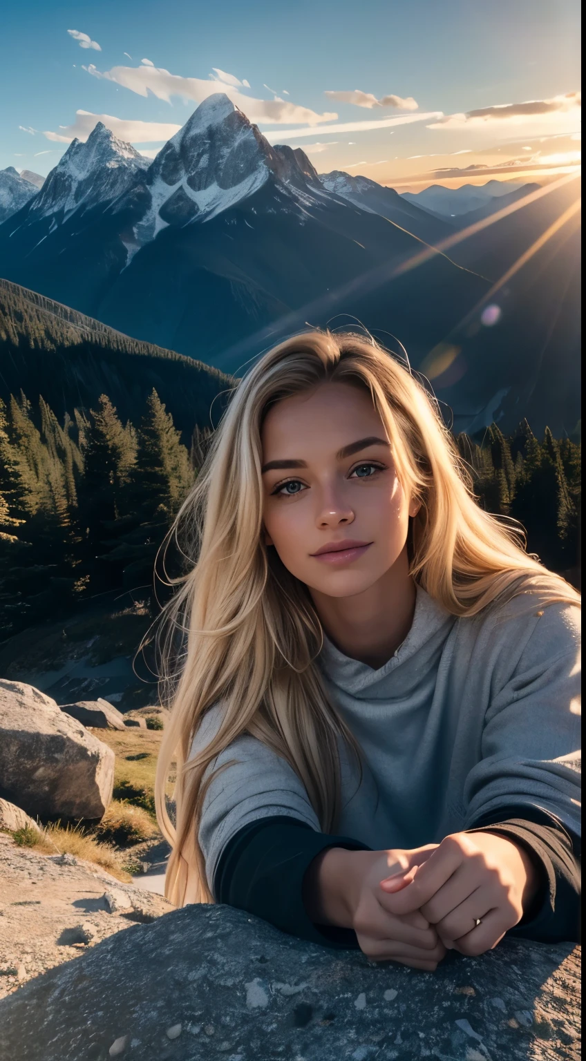 1 woman, American, beautiful, ((upper body selfie, happy)), Shooting in a tent, Beautiful backlight, Tent Open Sign,Masterpiece, Best Quality, Ultra-detailed, Solo, exteriors, (natta), mountains, Nature, (sao, the moon) cheerful, happy,, Cosy in a sleeping bag, Inside the tent, When you open the tent, You can see some nice horsemen outside.., woods, rock formations, rivers, wood, smoke, shadowy, contrast, clear skies, analog style (looking up at viewer:1.2) (skin texture) (film grain:1.3), (warm hue, White tones:1.2), close-up, Cinematic light, Sidelighting, The ultra-Highres, best shadows, ......raw, upper half body, wearing pullover, Relaxed and intimate photos, with long blond hair, (A wide range of fashions),
