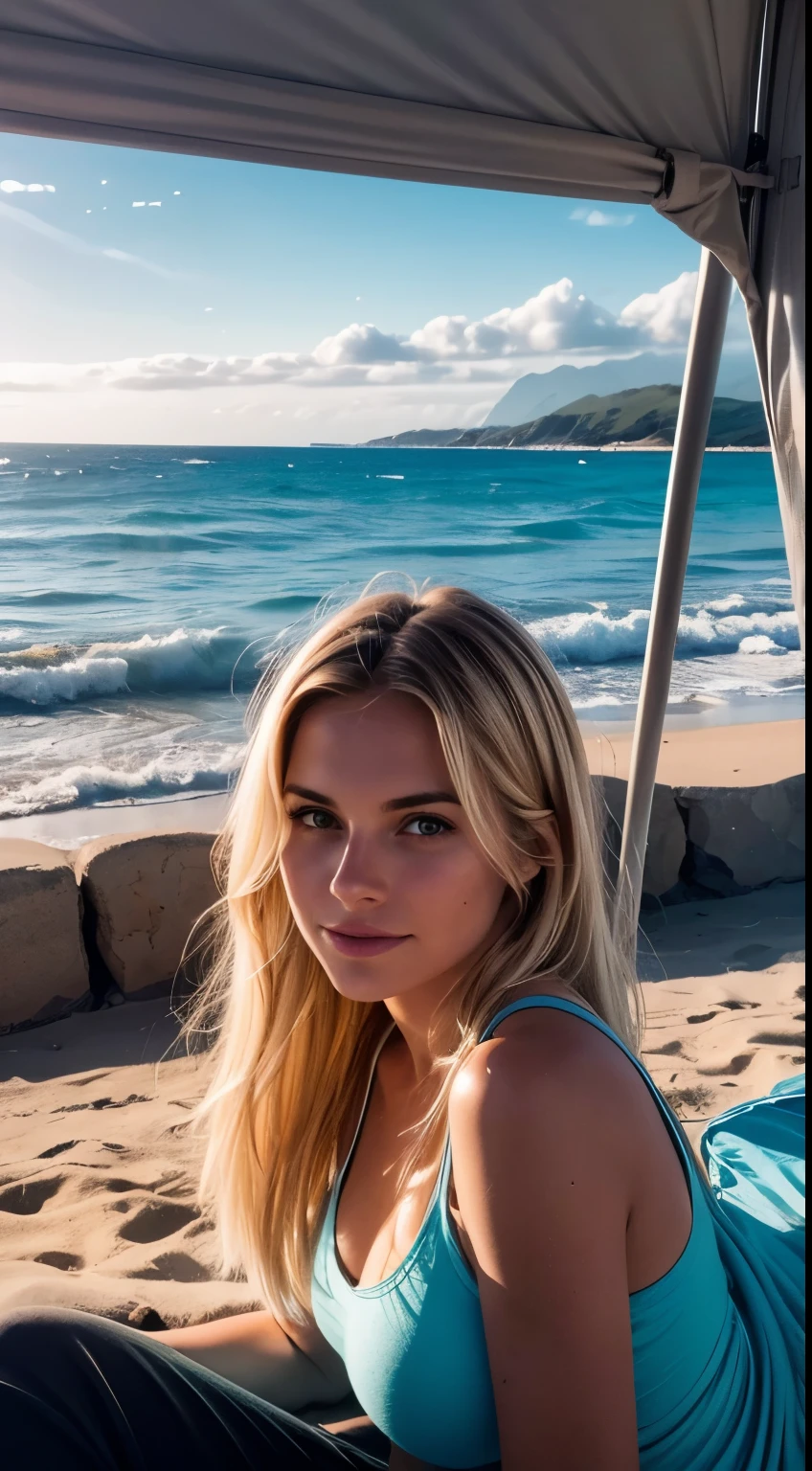 1 woman, American, beautiful, (selfie, happy), Shooting in a beachside tent, Beautiful backlight, mountains, Masterpiece, Best Quality, Ultra-detailed, Solo, exteriors, sandy beaches, ocean backdrop, Nature, cheerful, happy, Cosy in a sleeping bag, Inside the tent, When you open the tent, You can see the serene ocean and perhaps surfers catching early waves, beach dunes, palm trees, soft sand, gentle ocean breeze, shadowy, contrast, clear skies, analog style, looking up at viewer, skin texture, film grain, warm hue, warm tone, close-up, Cinematic light, Sidelighting, ultra-Highres, best shadows, wearing a pullover, Relaxed and intimate photos, with long blond hair.