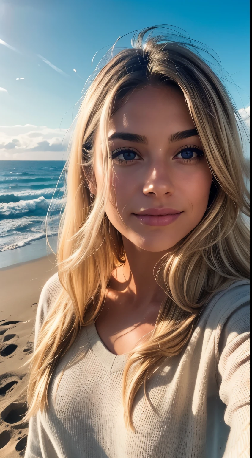 1 fille dans, 19 ans, Seulement, Long wavy hair, Colossal , long messy and windy blonde hair, camera facing down, à genoux sur le sol, regardant la caméra, demi sourire, bite your lip, cheveux blond, tout le corps, (fond d'extremely detailed 8K display), Soft lighting, high quality, Grain du film, Mise au point nette du Fujifilm XT3, f5.6, 50mm, high detail, sharpness,(natural light), (attractive), haut de sport en tricot, Thick stripes, jupe noire pure, developer, Realistic, Un sexy