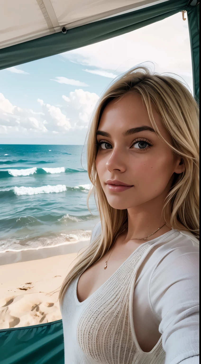1 woman, American, beautiful, (selfie, happy), Shooting in a beachside tent, Beautiful backlight, mountains, Masterpiece, Best Quality, Ultra-detailed, Solo, exteriors, sandy beaches, ocean backdrop, Nature, cheerful, happy, Cosy in a sleeping bag, Inside the tent, When you open the tent, You can see the serene ocean and perhaps surfers catching early waves, beach dunes, palm trees, soft sand, gentle ocean breeze, shadowy, contrast, clear skies, analog style, looking up at viewer, skin texture, film grain, warm hue, warm tone, close-up, Cinematic light, Sidelighting, ultra-Highres, best shadows, wearing a pullover, Relaxed and intimate photos, with long blond hair.