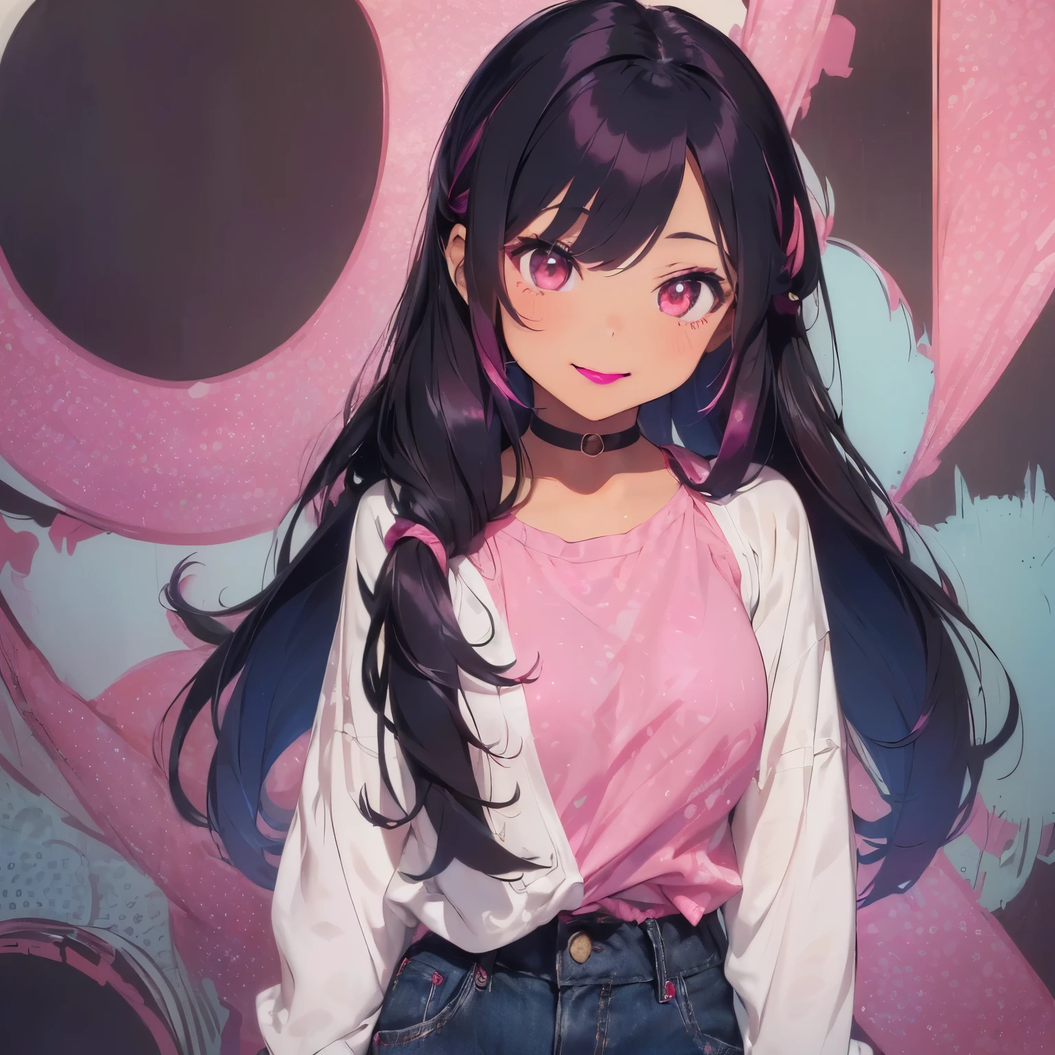 1girl, (((solo))), (((beautiful))), (((long loose silky hair, any colour hair))), (((any skin colour))), (((lipstick, any colour lipstick))), (((blush))), (((smile))), ((((casual 90's clothes, fashionable 90's attire, trendy style)))), (((stylish accessories))), (((colourful 90's background, any pattern)))