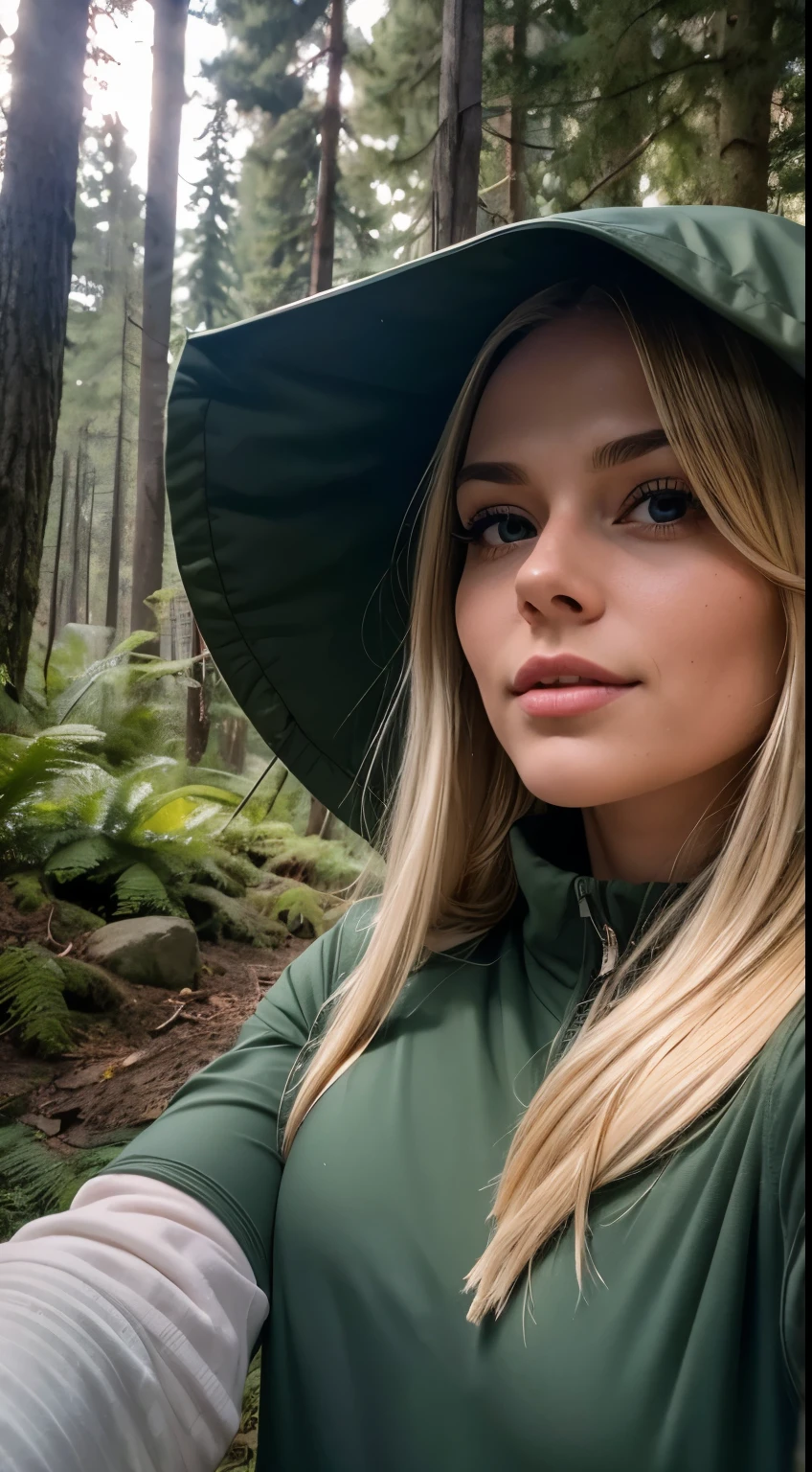 1 woman, American, beautiful, (upper body selfie, happy), Shooting in a forest clearing tent, Beautiful backlight, Tent Open Sign, Masterpiece, Best Quality, Ultra-detailed, Solo, exteriors, dense forest, Nature, cheerful, happy, Cosy in a sleeping bag, Inside the tent, When you open the tent, You can see wildlife such as deer grazing nearby, lush woods, tall trees, ferns, forest floor, moss, shadowy, contrast, clear skies, analog style, looking up at viewer, skin texture, film grain, warm hue, warm tone, close-up, Cinematic light, Sidelighting, ultra-Highres, best shadows, wearing a pullover, Relaxed and intimate photos, with long blond hair.