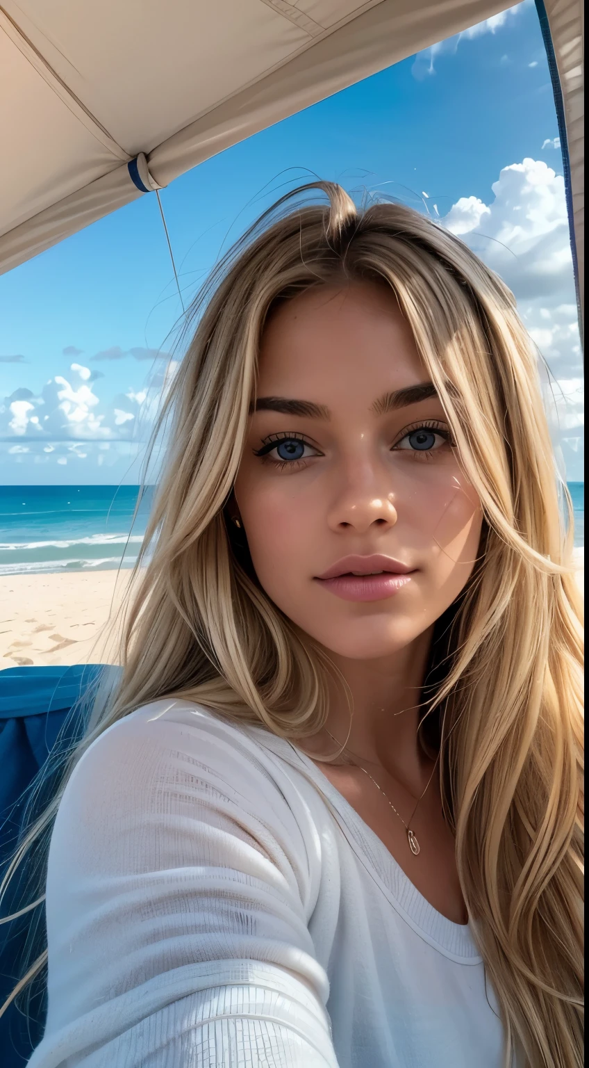1 woman, American, beautiful, (upper body selfie, happy), Shooting in a beachside tent, Beautiful backlight, Tent Open Sign, Masterpiece, Best Quality, Ultra-detailed, Solo, exteriors, sandy beaches, ocean backdrop, Nature, cheerful, happy, Cosy in a sleeping bag, Inside the tent, When you open the tent, You can see the serene ocean and perhaps surfers catching early waves, beach dunes, palm trees, soft sand, gentle ocean breeze, shadowy, contrast, clear skies, analog style, looking up at viewer, skin texture, film grain, warm hue, warm tone, close-up, Cinematic light, Sidelighting, ultra-Highres, best shadows, wearing a pullover, Relaxed and intimate photos, with long blond hair.