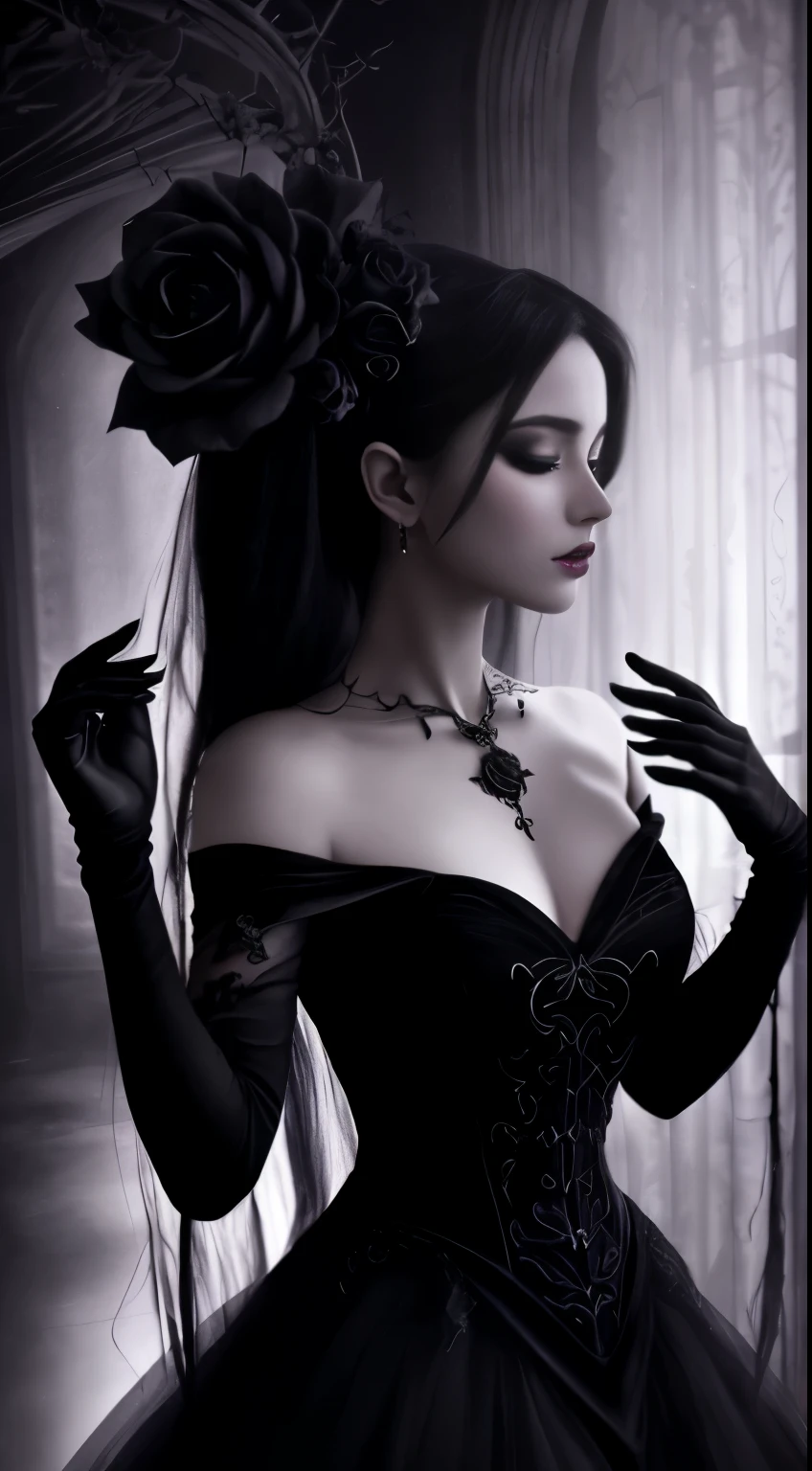 black rose,velvet petals,dark romance,thorny beauty,(best quality,4k,8k,highres,masterpiece:1.2),ultra-detailed,subtle shadows,vivid colors,mysterious atmosphere,gothic elegance,dramatic lighting,seductively delicate,unique blossom,mesmerizing allure,fascinating aroma,exquisite bloom,elegantly twisted,piercing thorns,passionate love,enchanted garden,hauntingly beautiful nights,deep contrast,ethereal beauty,forbidden desire,elegant decay,sinister beauty,inky darkness,dark enchantment,fleeting mortality,fragile grace,sensuous curves,velvet touch,whispering petals,shadowed secrets,lingering mystery,intoxicating fragrance,dark fantasy,delicate darkness