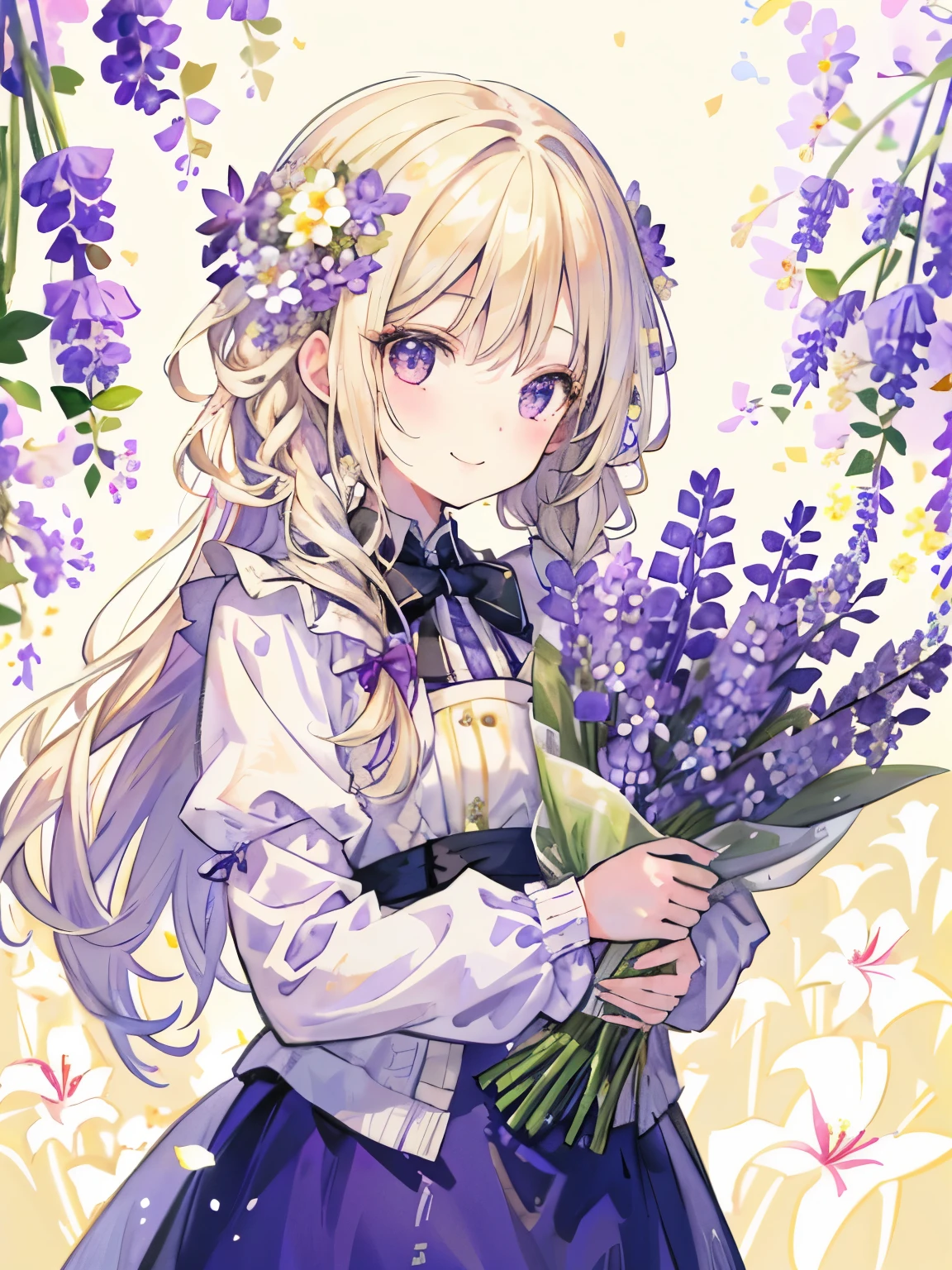 girl,thin blonde hair,long braided hair,holding a bouquet of lupines,celebration,｢1300｣characters,big smile,((Flower background:1.3)),close up of face