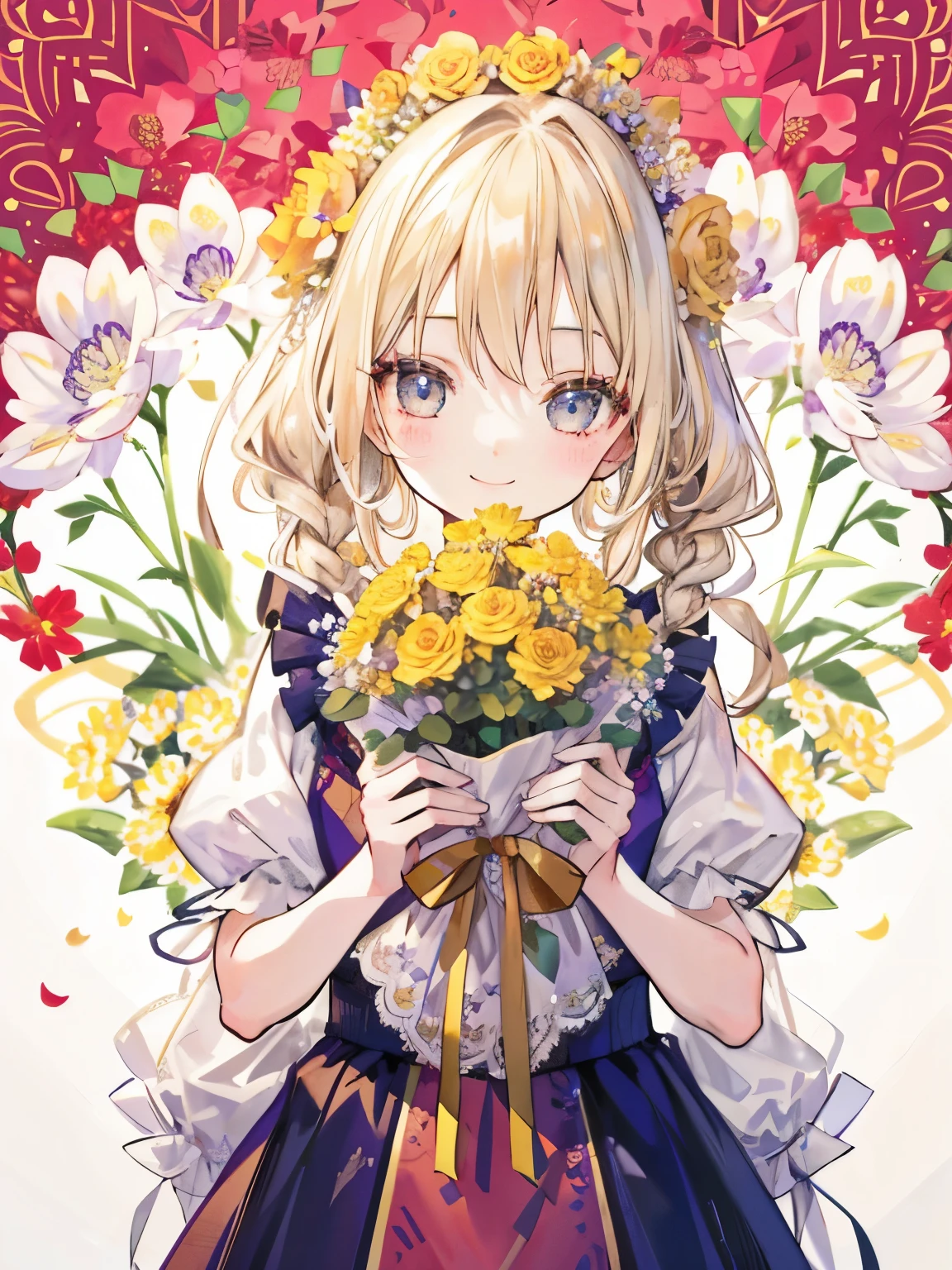 girl,thin blonde hair,long braided hair,holding a bouquet of lace flowers,celebration,「1300」characters,big smile,((Flower background:1.3)),close up of face
