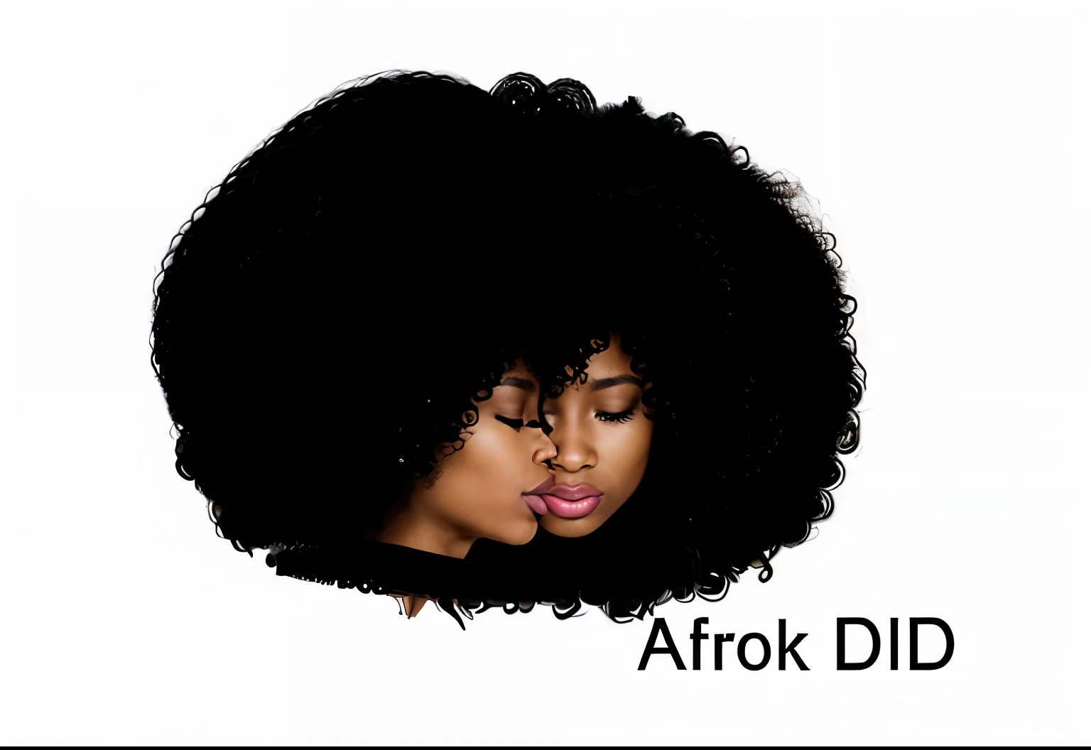 2 real afro haired females, one facing forward, and turned turned to the side. both with eyes and mouth are closed completely closed
