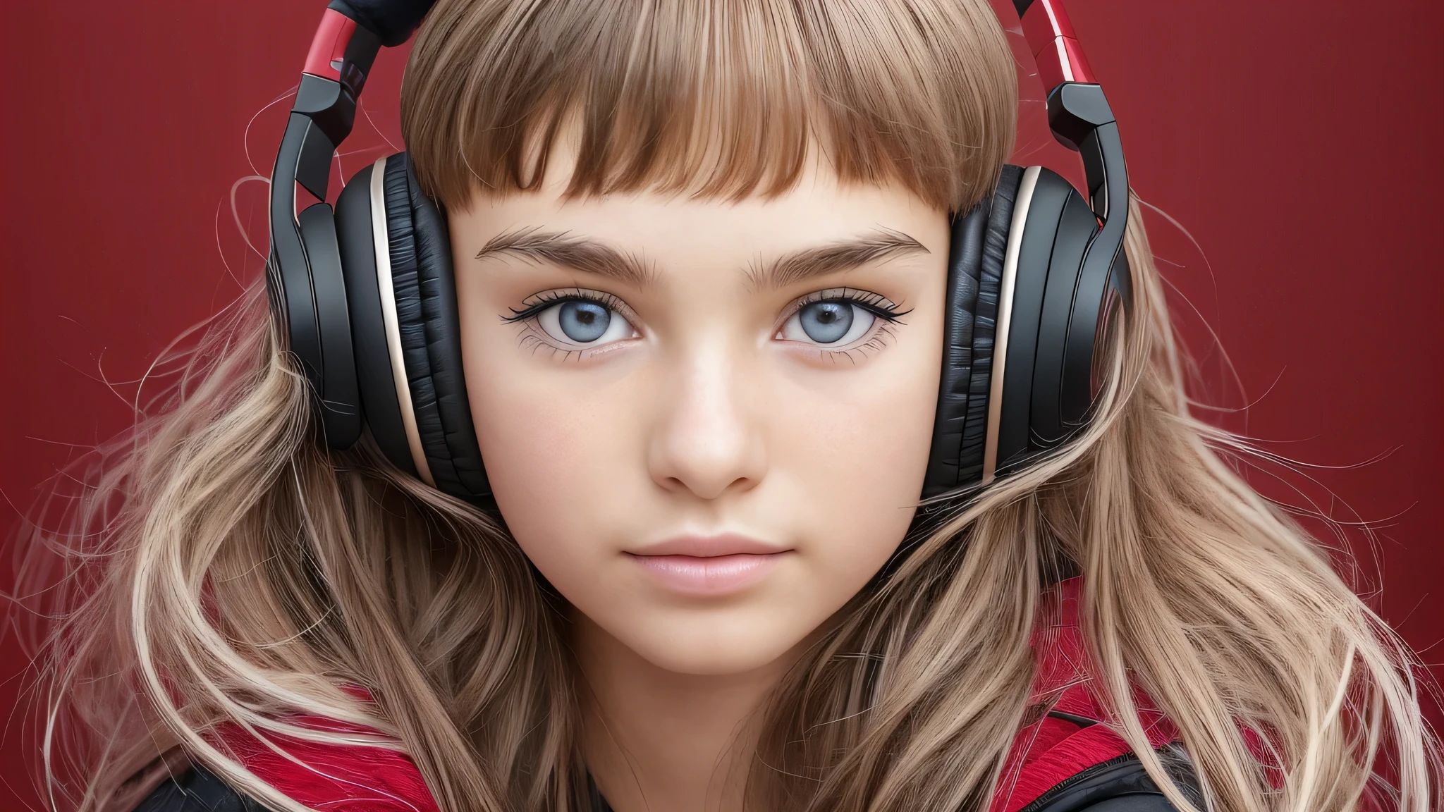 GIRL  12 years , RUSSIAN BLONDE long hair and headphones , portrait , SILVER LEATHER JACKET, red background.  