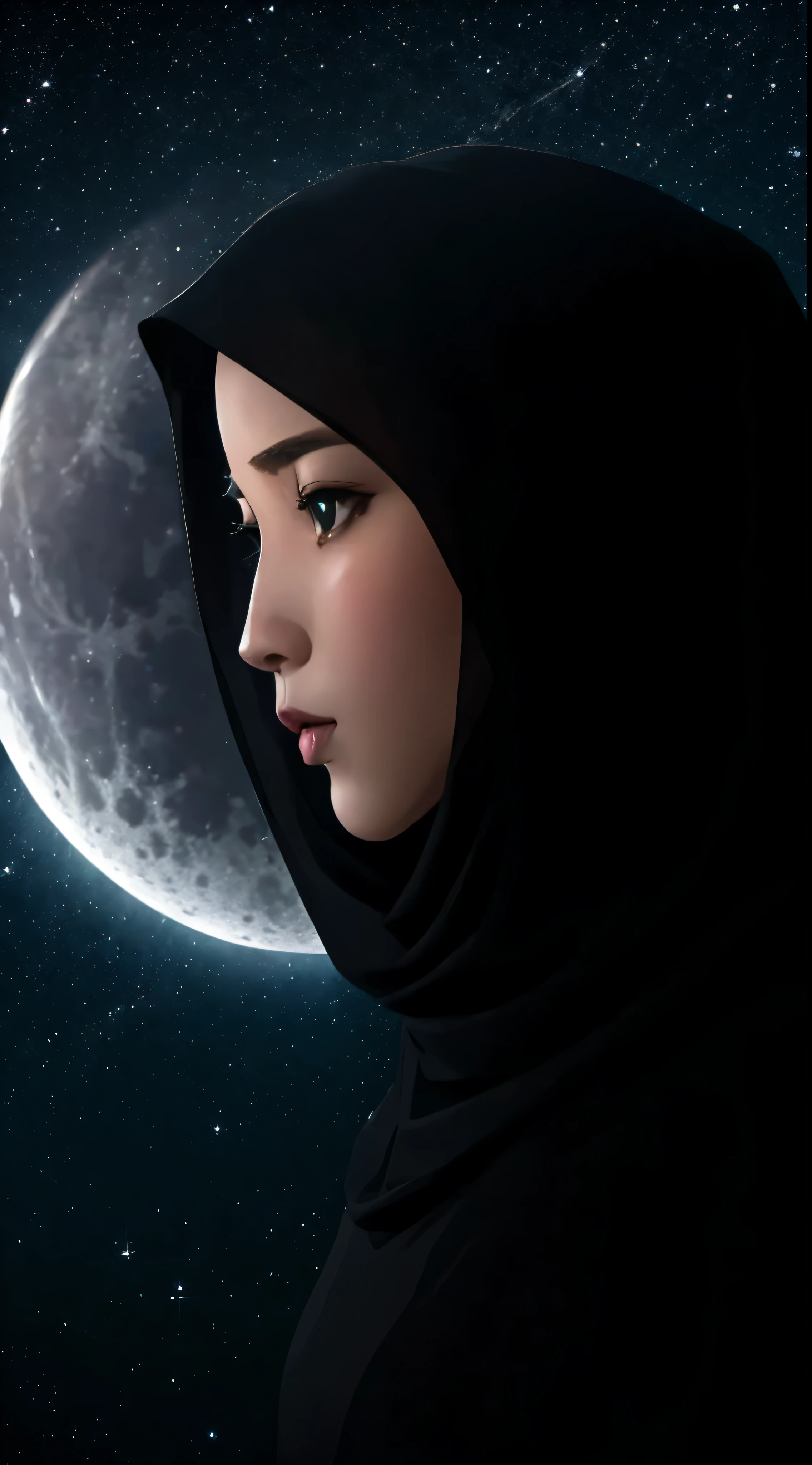 gigantic full moon in the center of picture with a silhouette hijab girl,put the silhouette in the center of gigantic full moon,illustration,detailed face,perfect girl face,dark sky with sparkling stars,ultra-high resolution,photorealistic,vibrant colors,soft moonlight