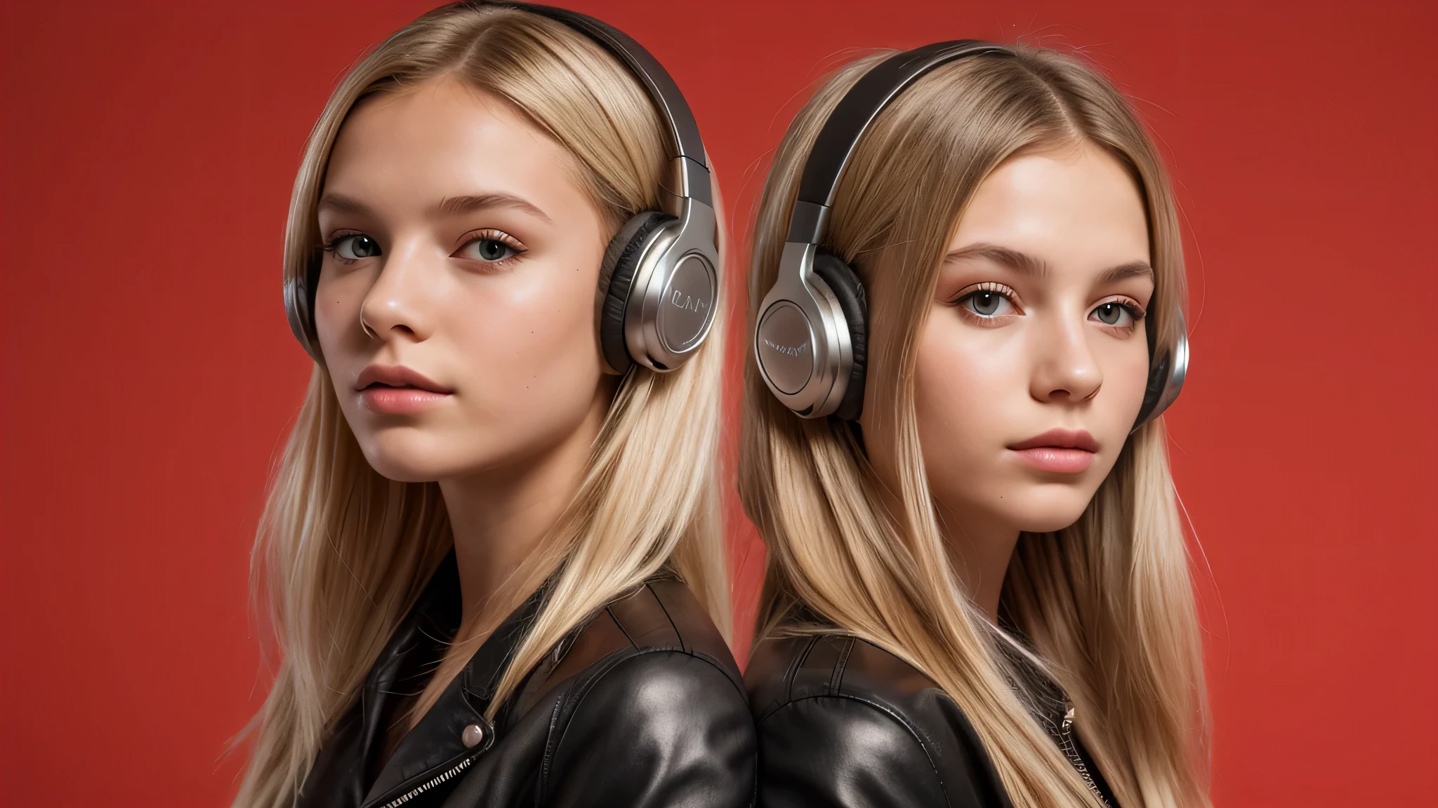 GIRL CHILD 8 YEARS OLD, RUSSIAN STYLE BLONDE HEADPHONES, WHITE LEATHER JACKET, MESSY SHOULDER LENGTH BLONDE HAIR, RED BACKGROUND, BROWN EYES, HAPPY, CLEAN DETAILED FACES, INTRACATE CLOTHES, ANALOGOUS COLORS, BRIGHT SHADOWS, BEAUTIFUL GRADIENT, DEPTH OF FIELD, CLEAN IMAGE, HIGH QUALITY, HIGH DETAIL, HIGH DEFINITION, LUMINOUS STUDIO GRAPHICS ENGINE, BEAUTIFUL FACE