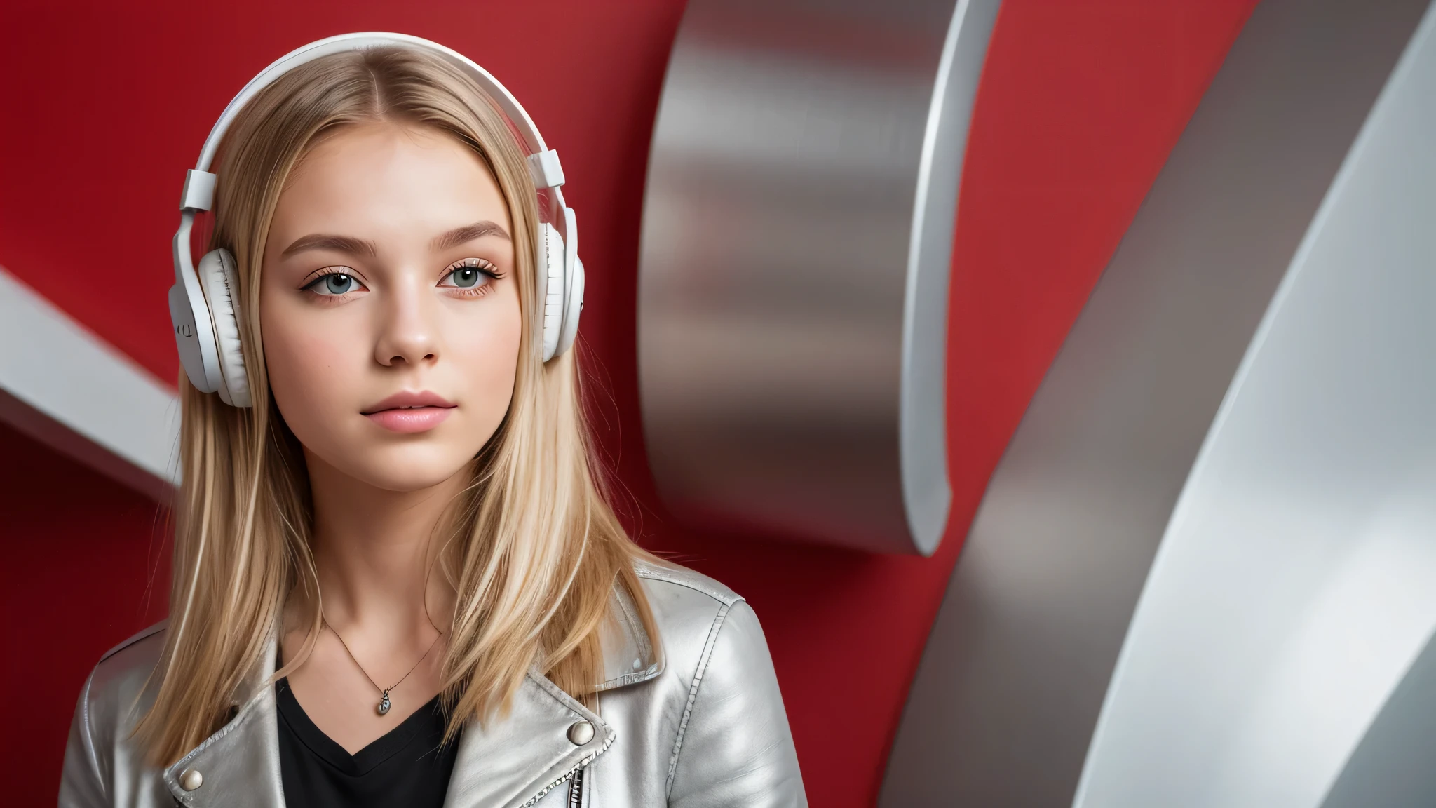 GIRL CHILD 8 YEARS OLD, RUSSIAN STYLE BLONDE HEADPHONES, WHITE LEATHER JACKET, MESSY SHOULDER LENGTH BLONDE HAIR, RED BACKGROUND, BROWN EYES, HAPPY, CLEAN DETAILED FACES, INTRACATE CLOTHES, ANALOGOUS COLORS, BRIGHT SHADOWS, BEAUTIFUL GRADIENT, DEPTH OF FIELD, CLEAN IMAGE, HIGH QUALITY, HIGH DETAIL, HIGH DEFINITION, LUMINOUS STUDIO GRAPHICS ENGINE, BEAUTIFUL FACE