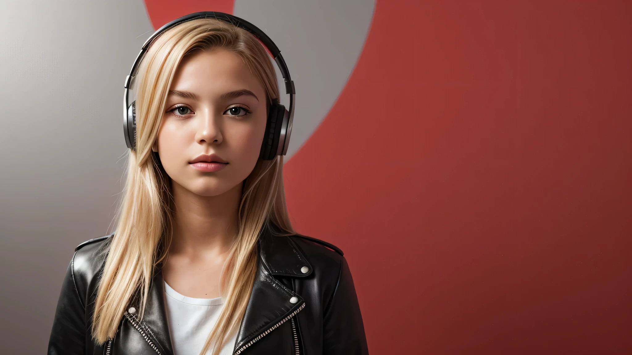 GIRL  , RUSSIAN BLONDE long hair and headphones , portrait , SILVER LEATHER JACKET, red background.