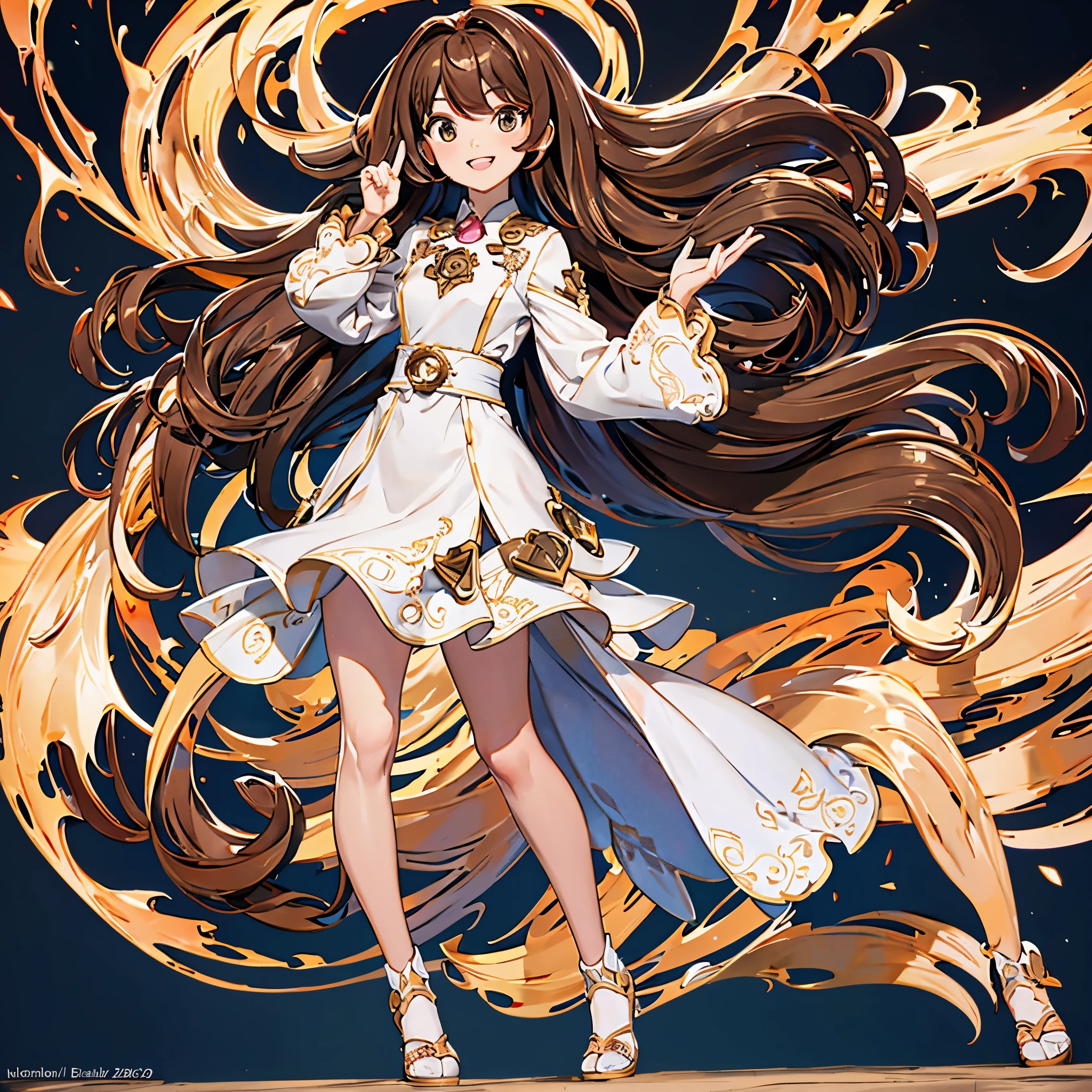 masterpiece, best quality, high quality, ultra detailed, hyper detailed, a girl, smiling, medium hair, wave hair, brown hair, rotund, full body shot, kawaii, cute, cel anime
