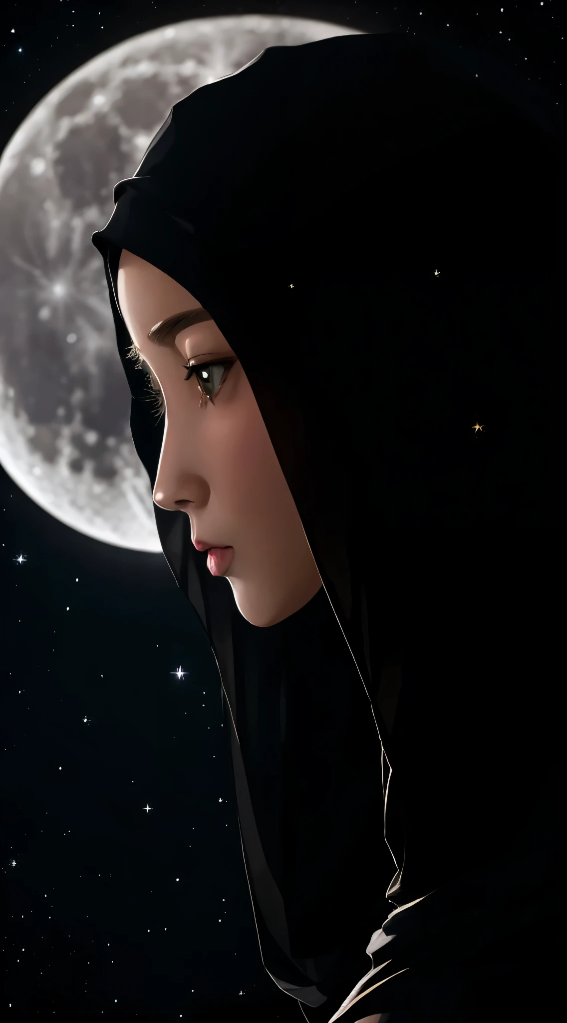 gigantic full moon with a silhouette hijab girl,put the silhouette in the center of gigantic full moon,illustration,detailed face,perfect girl face,dark sky with sparkling stars,ultra-high resolution,photorealistic,vibrant colors,soft moonlight