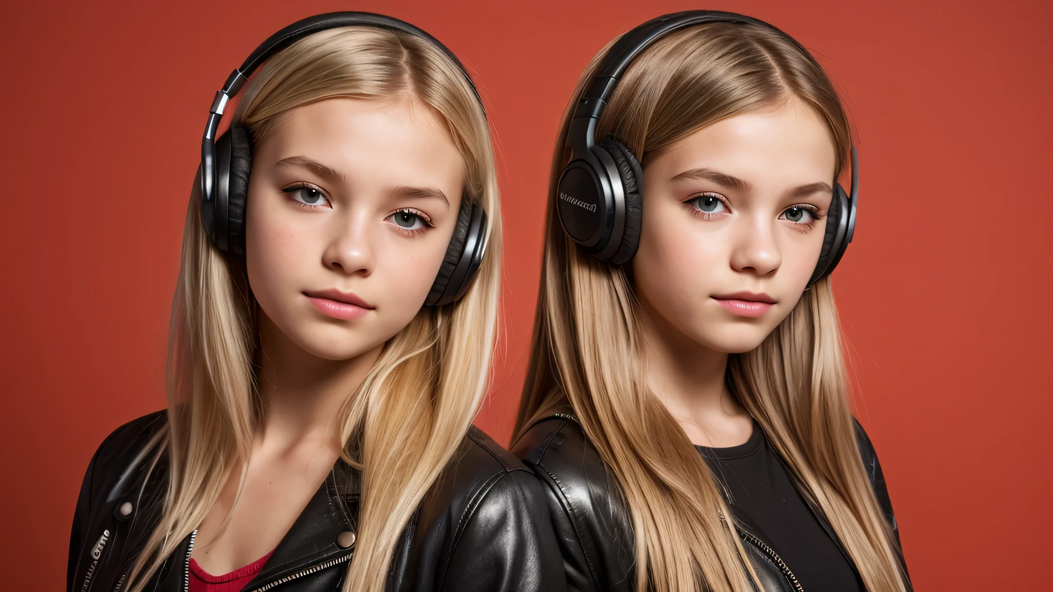 GIRL KIDS 12 years , RUSSIAN BLONDE long hair and headphones , portrait , SILVER LEATHER JACKET, red background.