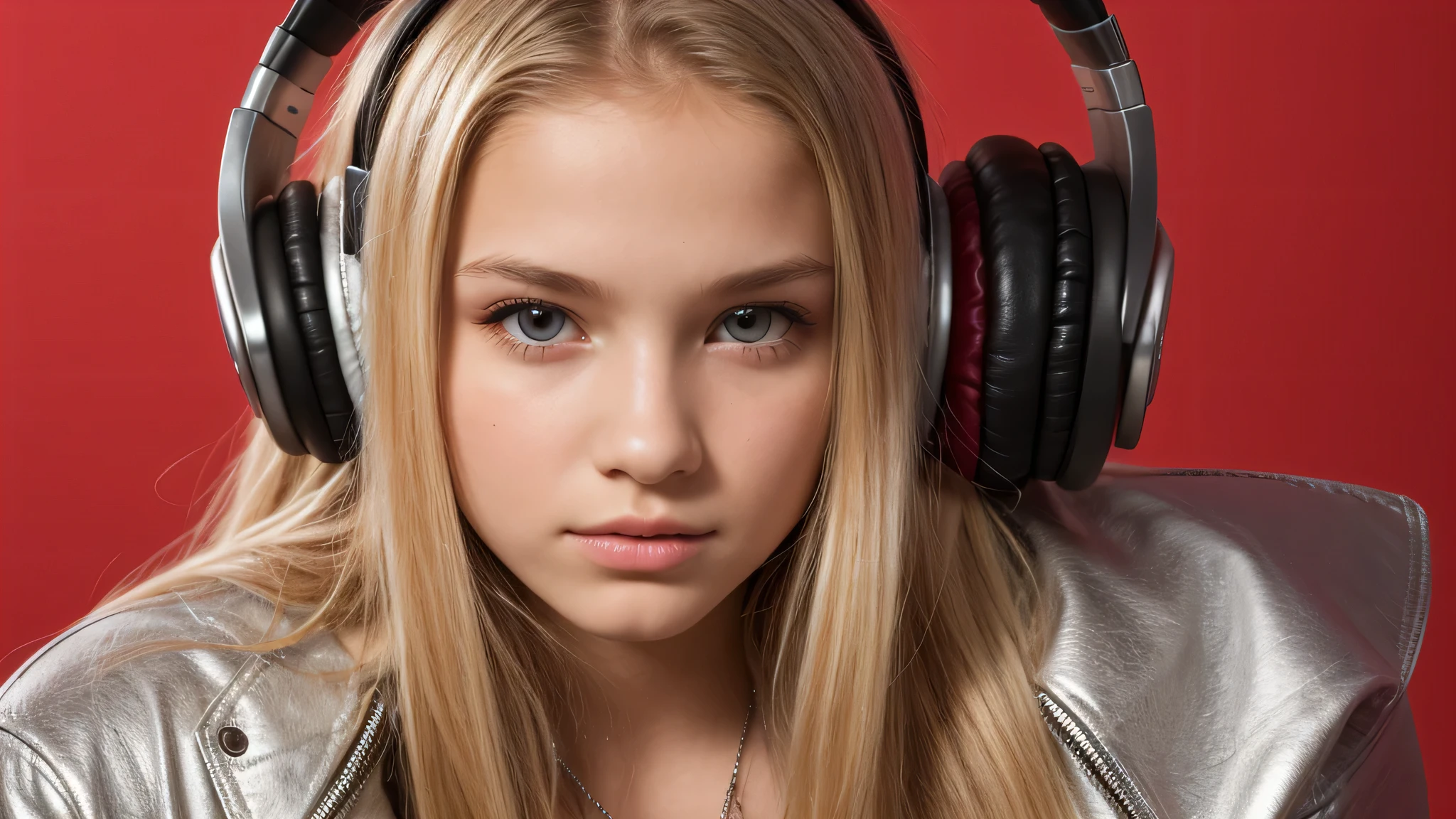 GIRL KIDS 12 years , RUSSIAN BLONDE long hair and headphones , portrait , SILVER LEATHER JACKET, red background.