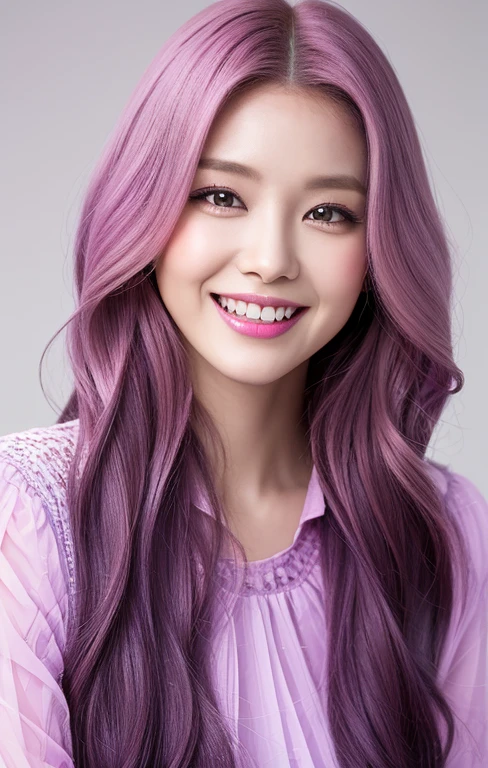 realistic, Best quality, 2024 trend makeup for korean female model, Two-Tier Inverted lilac hair, long wavy hair, swept bangs,, editorial fashion, colorful blouse, transparent/translucent medium, detailed eyes, magenta plump lips, happy smile with sharp teeth hyper resolution