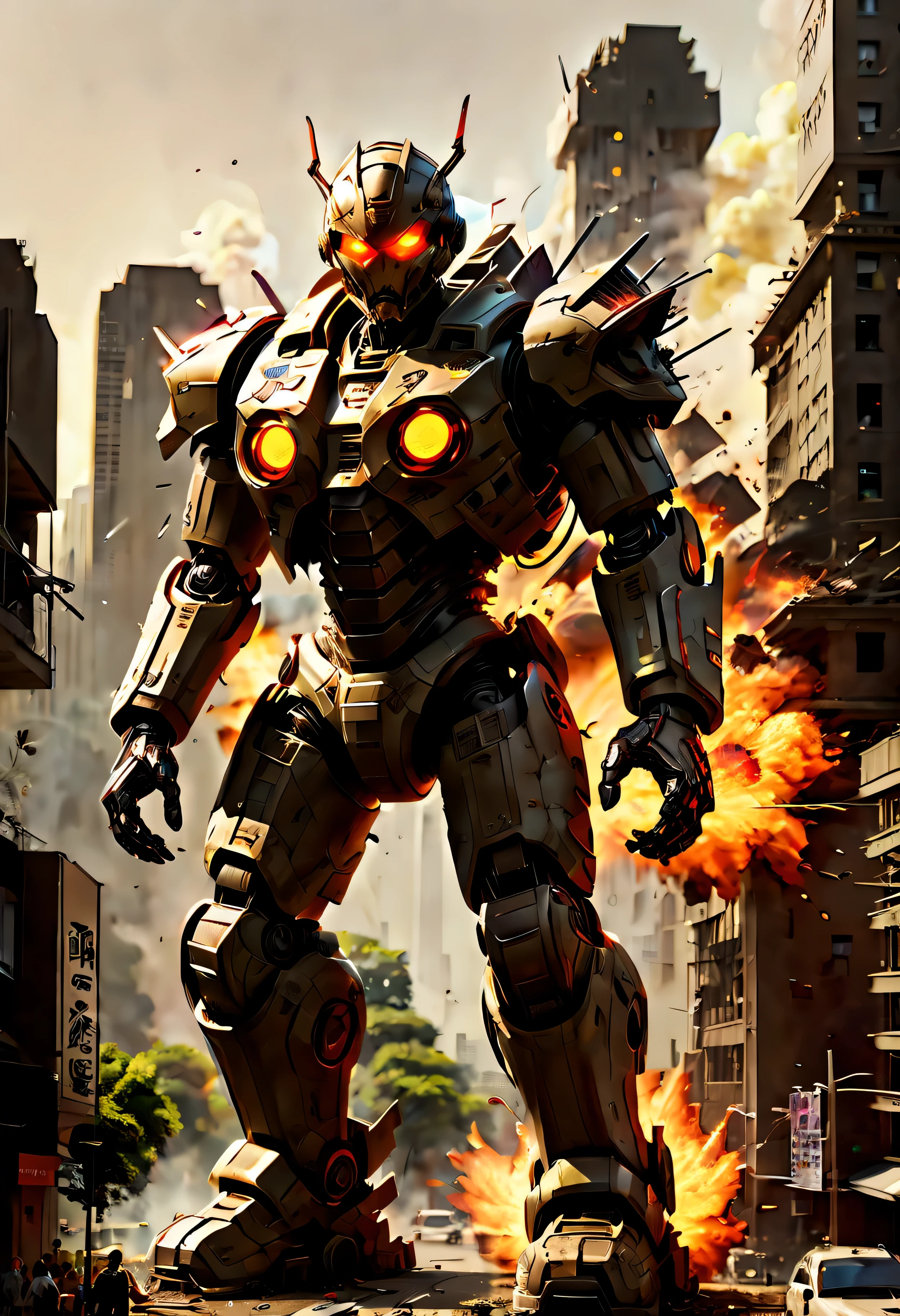 physically-based rendering,mecha,warrior,giant,metallic armor,fire,explosions,debris,destroyed buildings,smoke,sparks,cityscape,sunlight,glowing eyes,mechanical movements,fierce expression,dystopian,futuristic,sci-fi,action-packed,colorful palette,strong contrast,dramatic lighting. | ((soft_color_painting:)1.5), ((soft_color_tones):1.4), ((Movie-like still images and dynamic angles):1.3), ((cool and beautiful shadow silhouette):1.1), Gouache with intricate details, Add a touch of realism to this visually detailed and stylistically diverse masterpiece, Detailed brushstrokes have been enhanced, Careful brushwork creates an atmosphere, Utilize delicate yet powerful brushstroke techniques, Create an enchanting atmosphere. highly detailed gouache, ((Unparalleled sharpness and clarity):1.1), ((Radiosity rendered in stunning 32K resolution):1.3), All captured with sharp focus.