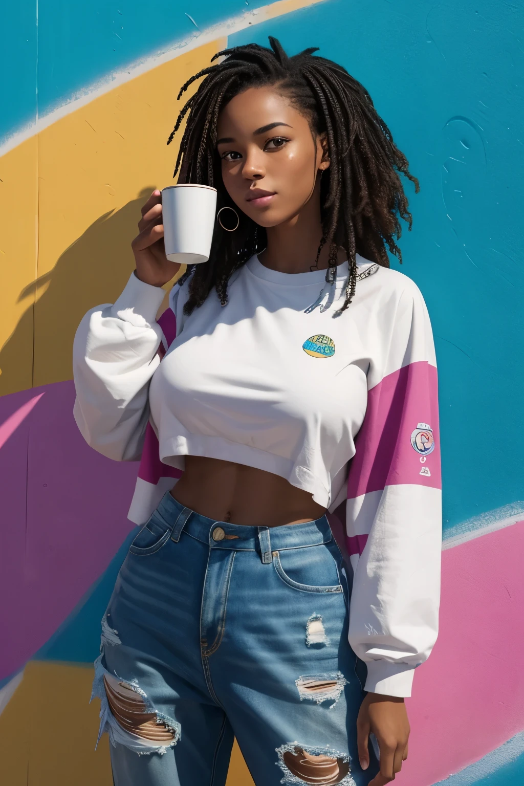 African American female, medium complexion, with a sprinkle of freckles. Standing at 5'8, big breasts,https://image.cdn2.seaart.ai/2024-02-03/cmv327te878c73e1qsl0/db495e33023cac2d7aa62adc0c8d72779794008c_high.webp Aria standing against a colorful graffiti wall, striking a confident pose with a coffee cup in hand.