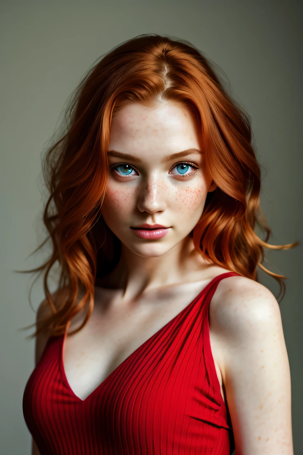 1girl in, 19, Solo, Aesthetic artwork, irish redhead, wavy ginger hair, shoulder length ginger hair, gray eyes, light grey eyes, some small freckles, pale skin, A-cup, medium breasts, runners body, (textured skin, skin pores:1.1), (moles:0.8), imperfect skin, goosebumps, doing a professional photoshot in studio, photoshoot in studio, half body photo (extremely detailed 8k wallpaper), soft lighting, high quality, film grain, Fujifilm XT3 sharp focus, f 5.6, 50mm, High Detail, Sharp focus,(natural light), in red colored long dress, wearing red color long dress, crazy details, complex details, hyperdetailed
