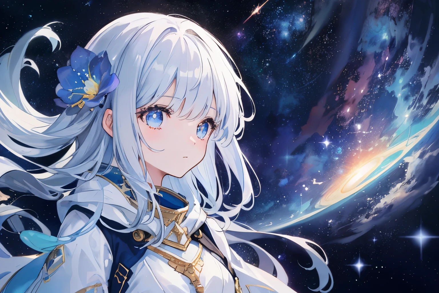 Craft a high-quality illustration of a girl wandering through outer space, her expression curious and enigmatic, while ensuring an overall sense of nostalgia and fantasy with meticulous attention to detail. Picture the scene with the girl floating gracefully amidst the stars and galaxies, her eyes filled with wonder as she explores the vastness of the cosmos. Capture the ethereal beauty of space, with swirling nebulae and distant planets creating a mesmerizing backdrop. Depict the girl with an expression that reflects her sense of awe and curiosity, her features soft yet captivating. Pay close attention to the fine details of her surroundings, including the intricate patterns of the stars and the subtle play of light and shadow. Aim for a composition that transports the viewer into a world of wonder and imagination, where the mysteries of the universe unfold before their eyes best quality, masterpiece