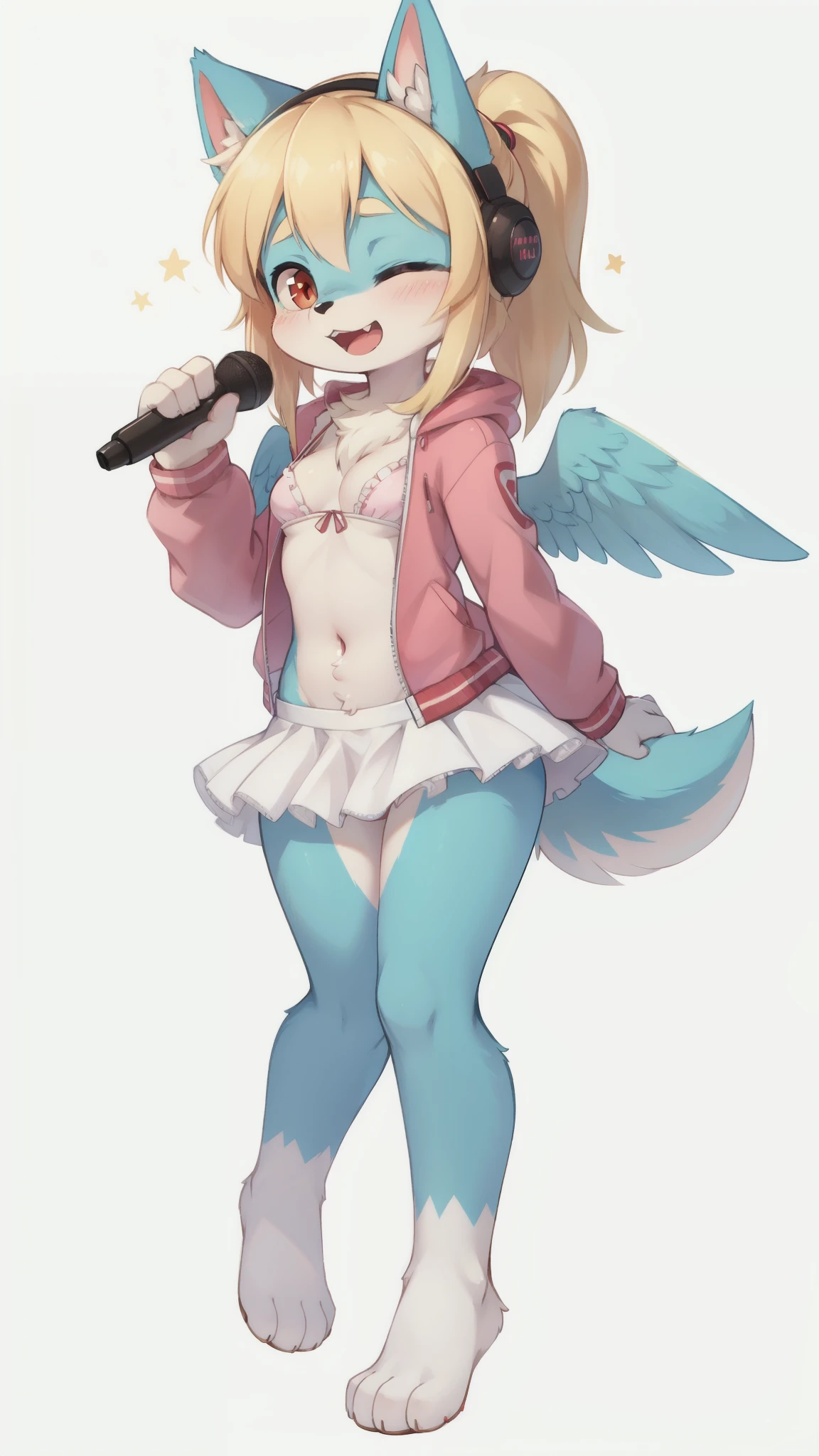 Furry girl, young, dog, cute hair, long ponytail, two tone hair, blonde hair, blue side hair, stars hairpin, red eyes, small breasts, detailed body fur, small idol jacket, open clothes, idol bra, idol skirt, masterpiece, looking at you, two tone body fur, turquoise body fur, clear turquoise body fur, detailed face, big eyebrows, detailed eyes, detailed body, concert stage, detailed hands, glistering body, skinny, :D, idol stance, holding a microphone, floppy dog ears, paws whit three toes, full body,
