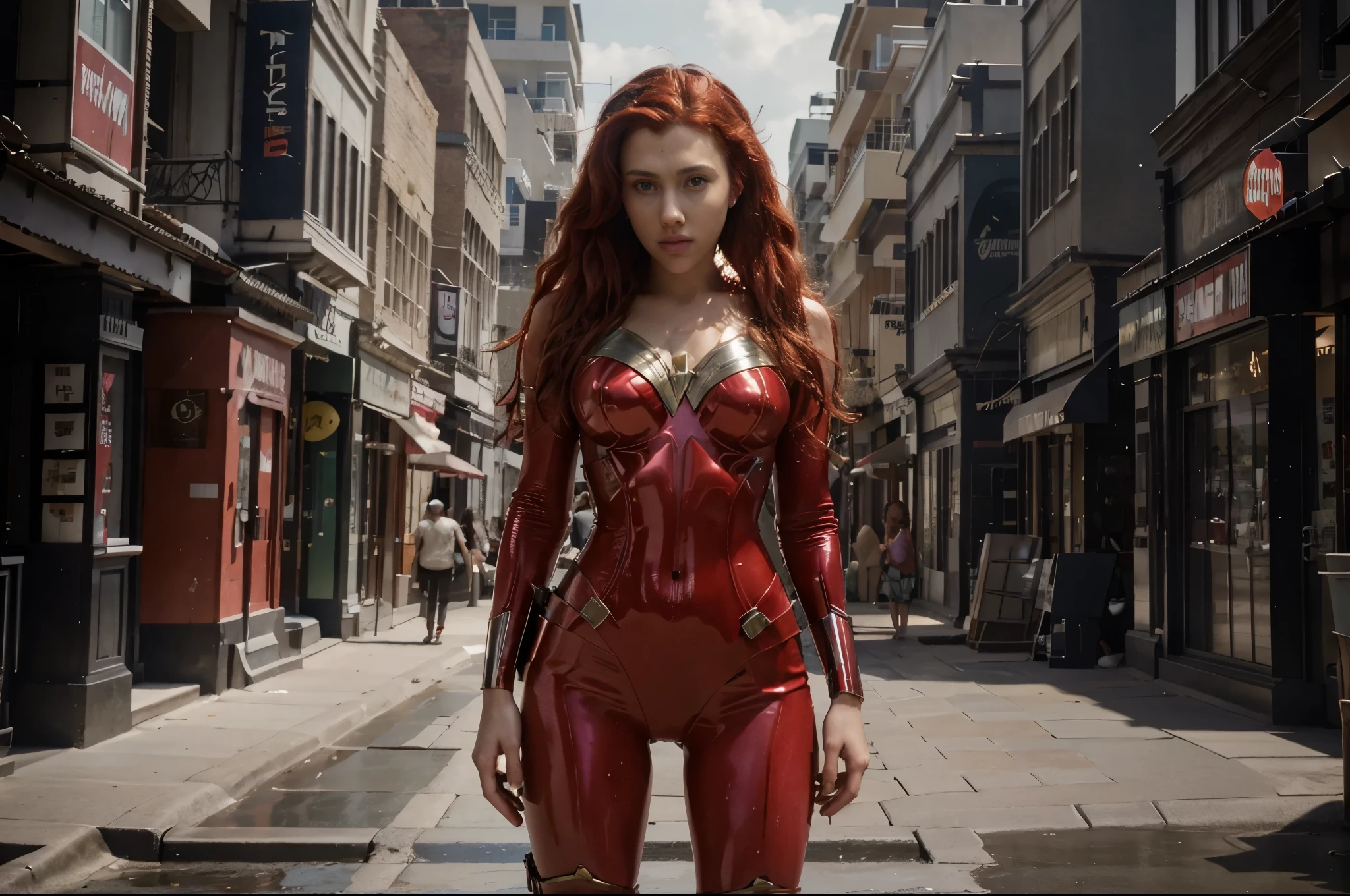 imagine scarlett johansson, curly red hair, green eyes, wonder women suit, at the edge of the beach, looking up, serious look, hands on waist, photorealistic portrait, overcast, dramatic, cinematic, 4k resolution, hyperdetailed
