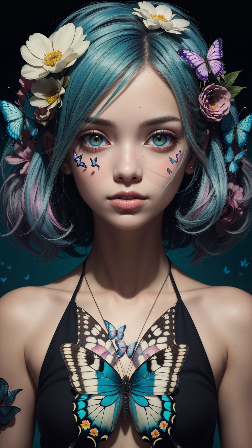 (masterpiece:1.1), (highest quality:1.1), (HDR:1.0), ambient light, ultra-high quality,( ultra detailed original illustration), (1girl, upper body), ((harajuku fashion)), ((flowers with human eyes, flower eyes)), double exposure, fusion of fluid abstract art, glitch, (original illustration composition), (fusion of limited color, maximalism artstyle, geometric artstyle, butterflies, junk art)
