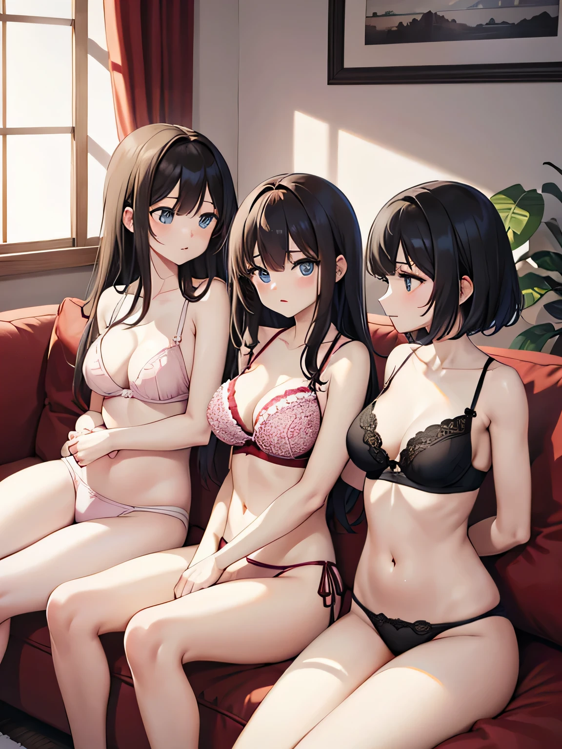 (1) Three women are sitting on a sofa in the living room.
(2) The first woman has medium brown hair, pink bra and pantie.
(3) The second woman has short black hair., light blue bra and panties.
(4) The third woman has long black hair.、wearing red bra and panties。.
(5) All three women look attractive.
(6) The location is the sofa in the living room of the apartment..