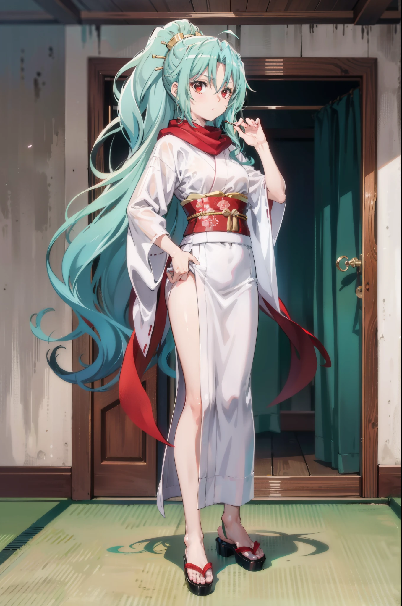 red eyes,tomoe aqua hair long hair ponytail japanese clothes kimono red scarf hair between eyes,full body
